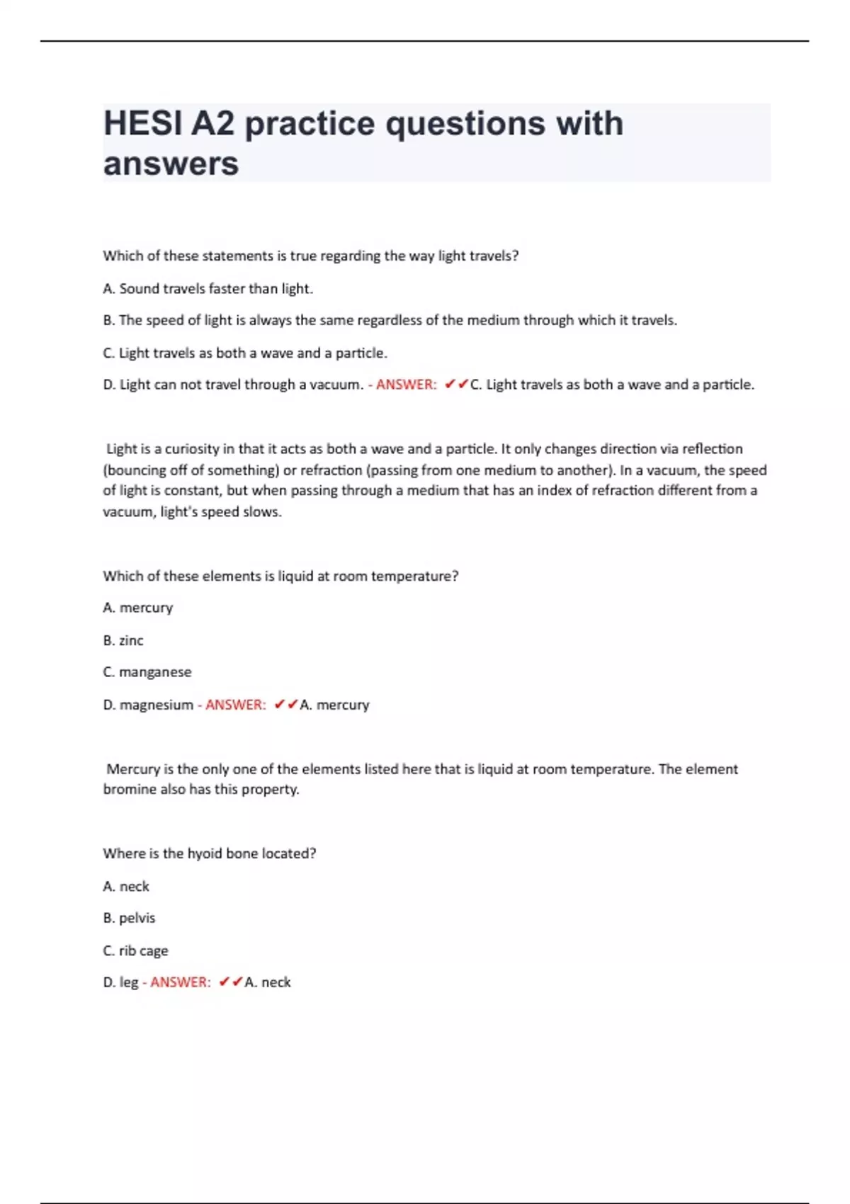 HESI A2 practice questions with answers - Hesi A2 - Stuvia US