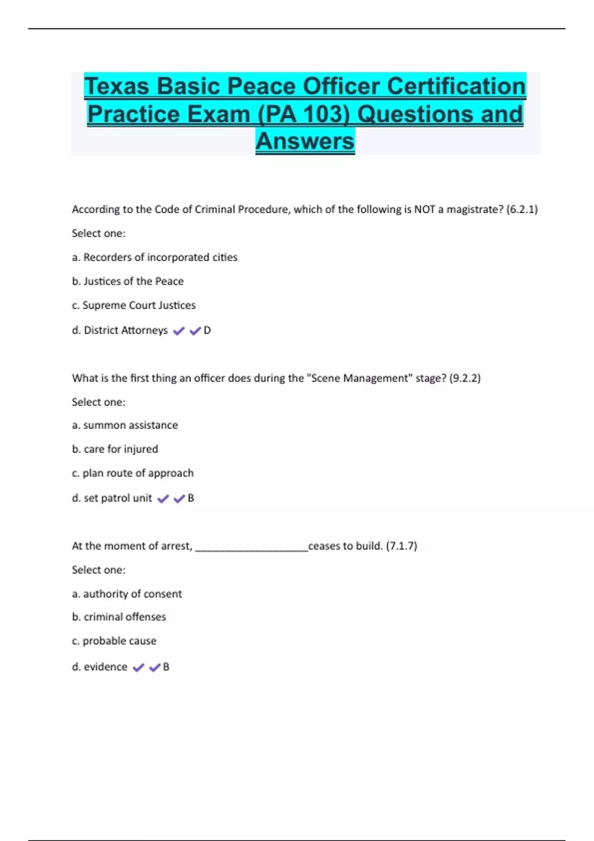 Texas Basic Peace Officer Certification Practice Exam (PA 103