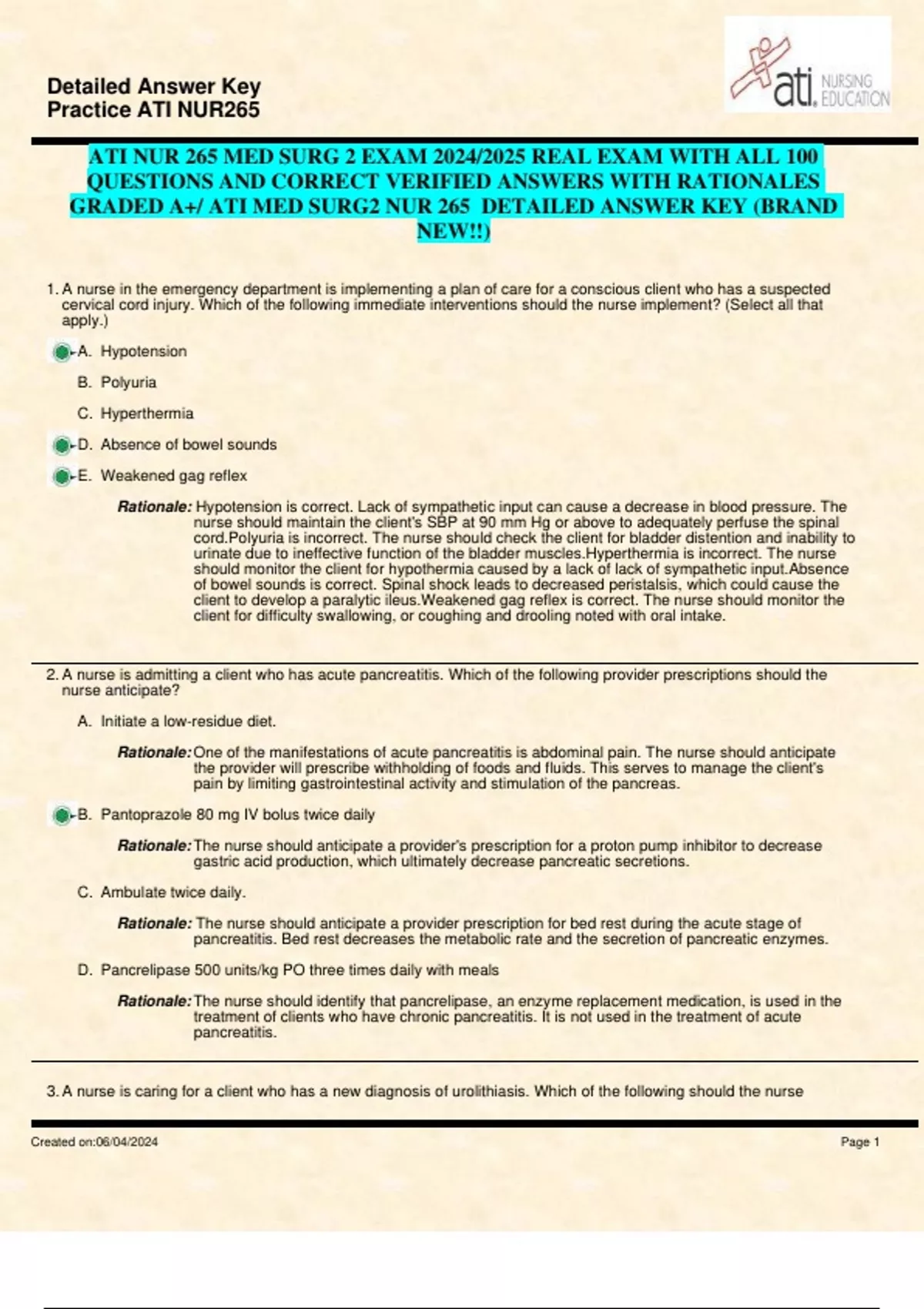 ATI NUR 265 MED SURG 2 EXAM 2024/2025 REAL EXAM WITH ALL 100 QUESTIONS ...