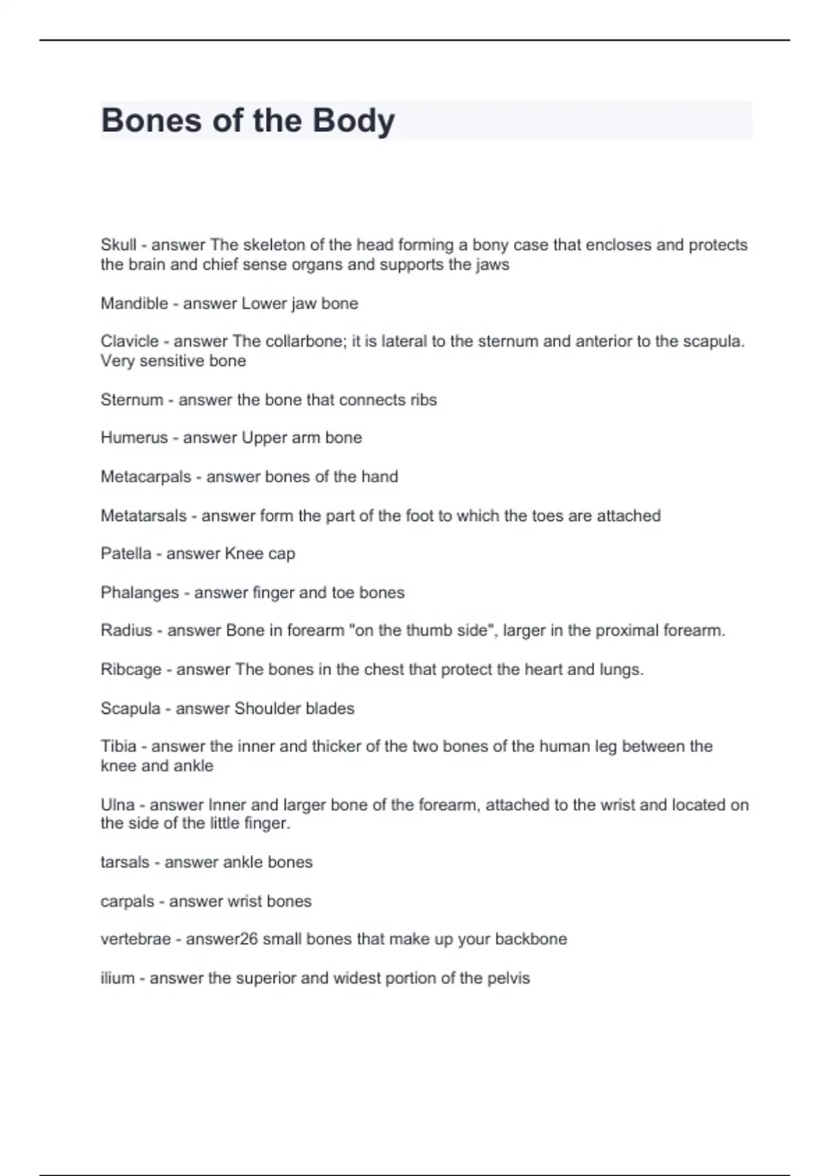 Bones of the Body Questions and Answers 2024 - Human Body - Stuvia US