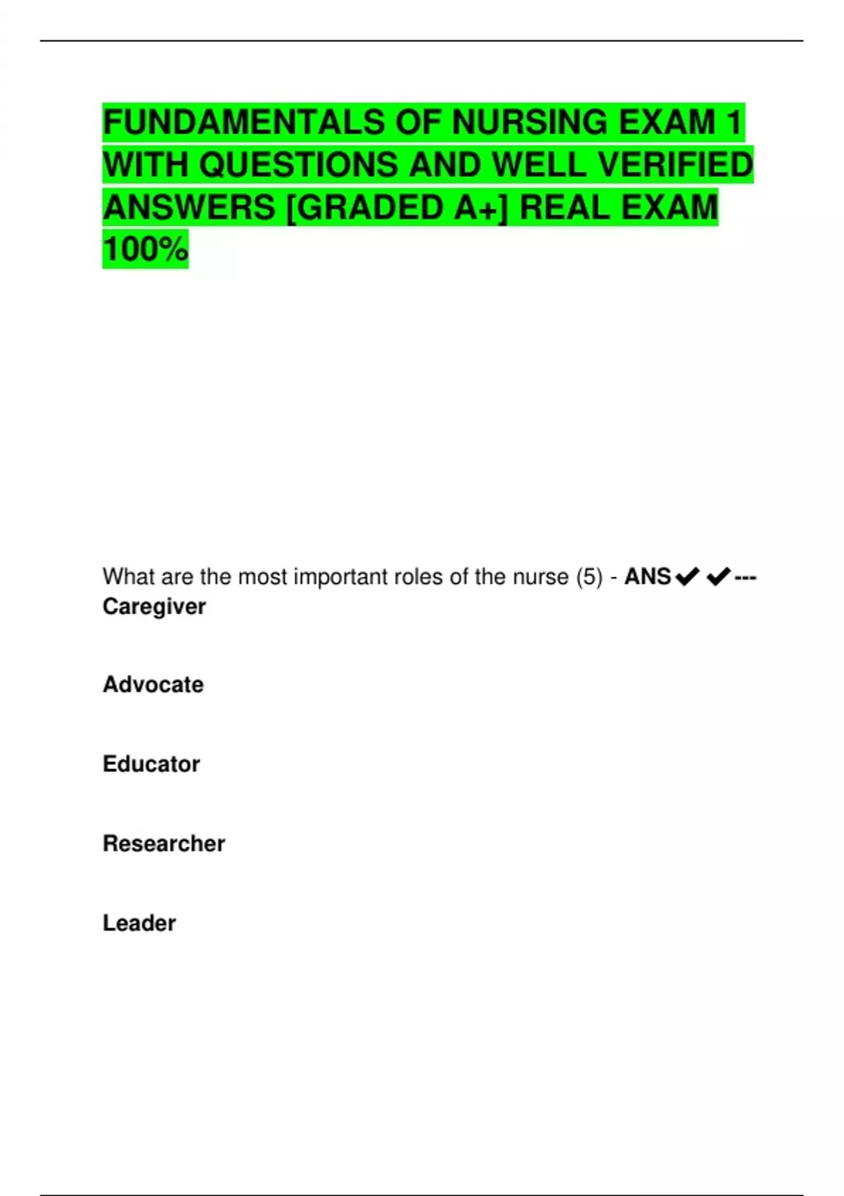 FUNDAMENTALS OF NURSING EXAM 1 WITH QUESTIONS AND WELL VERIFIED ANSWERS ...