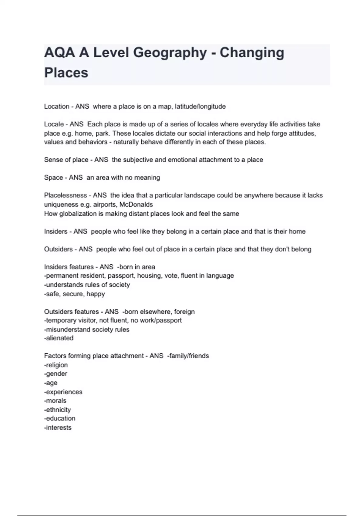 AQA A Level Geography - Changing Places Exam 2024/2025 Questions With ...