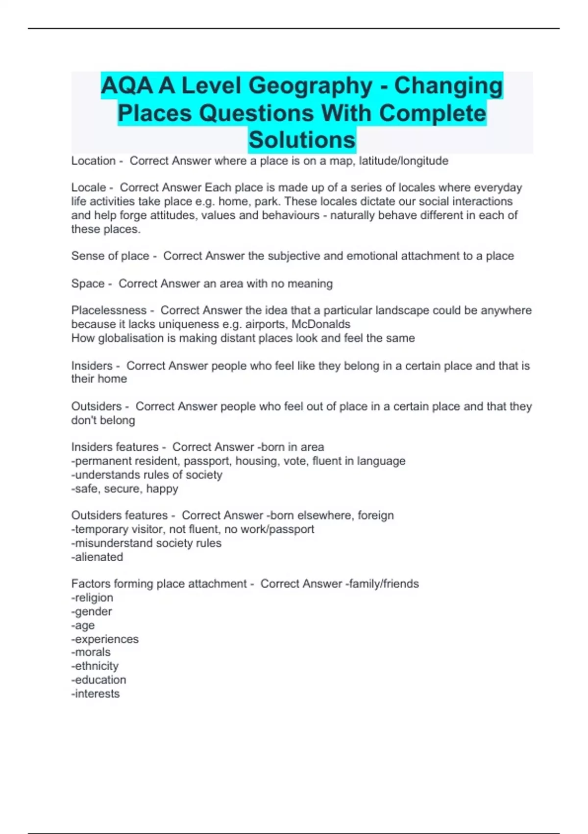 AQA A Level Geography - Changing Places Questions With Complete ...