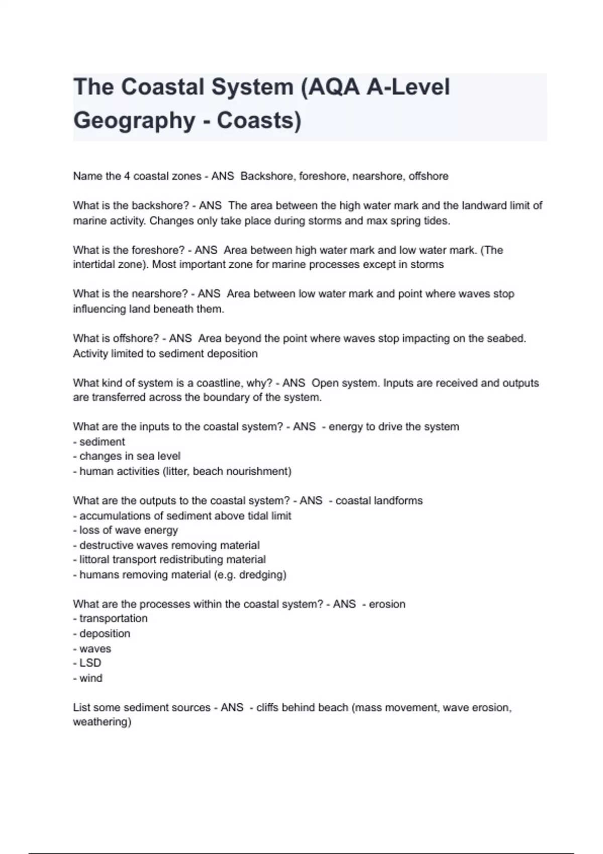 The Coastal System (AQA ALevel Geography Coasts) Exam 2024/2025