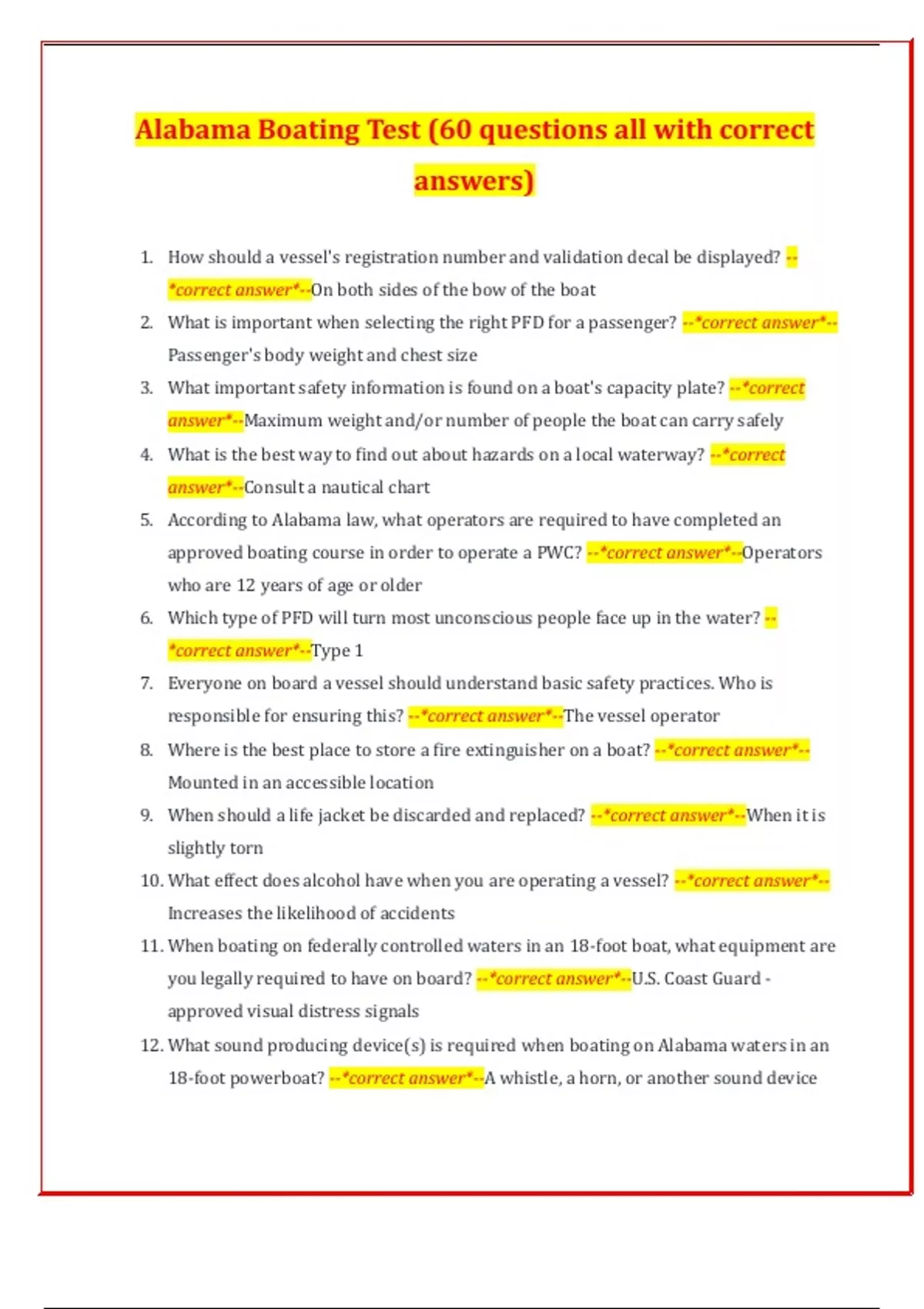 Alabama Boating Test (60 questions all with correct answers) Alabama