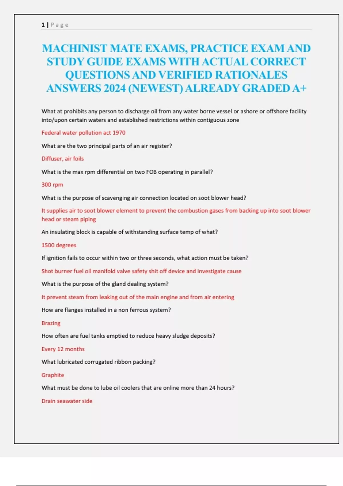 MACHINIST MATE EXAMS, PRACTICE EXAM AND STUDY GUIDE EXAMS WITH ACTUAL CORRECT QUESTIONS AND