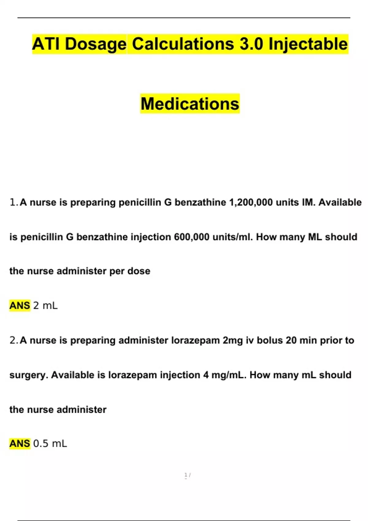Injectable Dose Calculation ATI Dosage Calculations 3.0 Injectable Medications (2024/2025) Newest ...