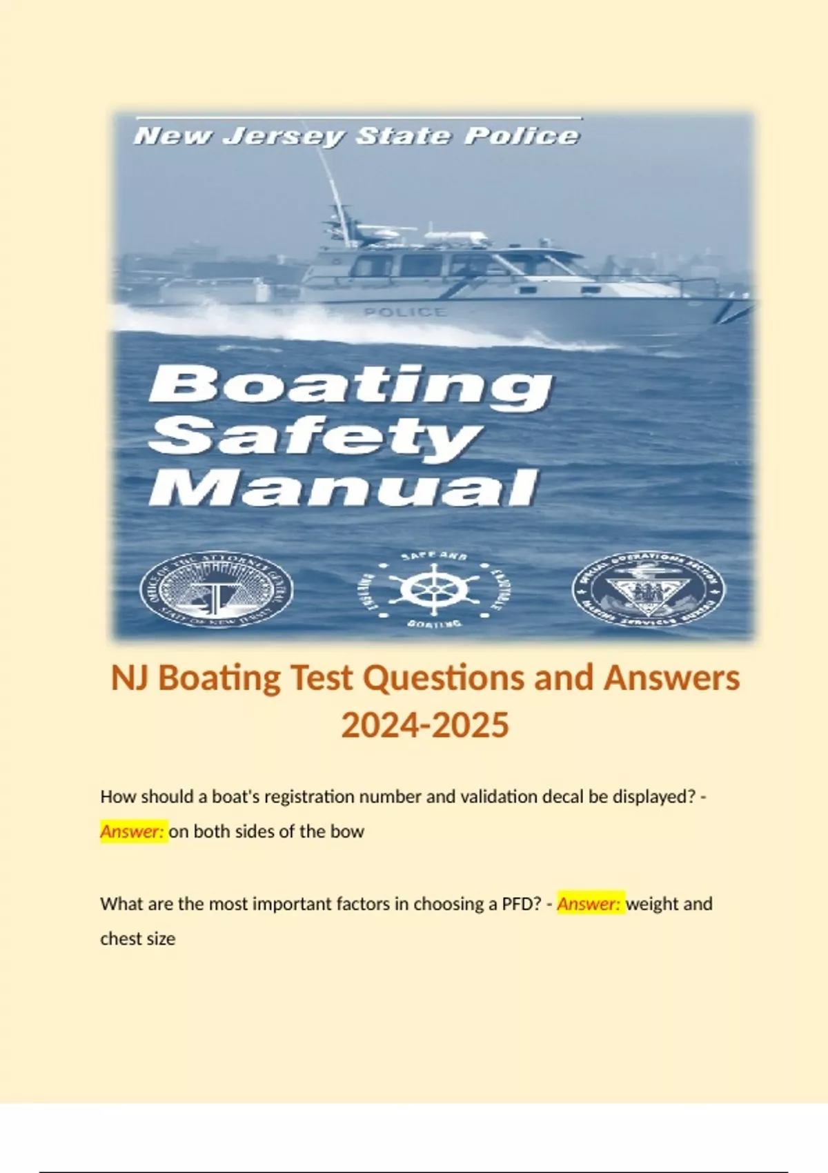 NJ Boating Test Questions and Answers NJ Boating Tst Stuvia US