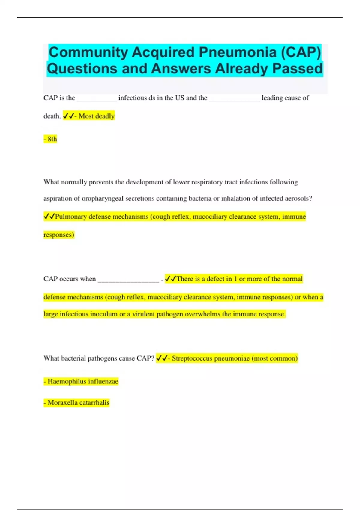 Community Acquired Pneumonia (CAP) Questions and Answers Already Passed ...