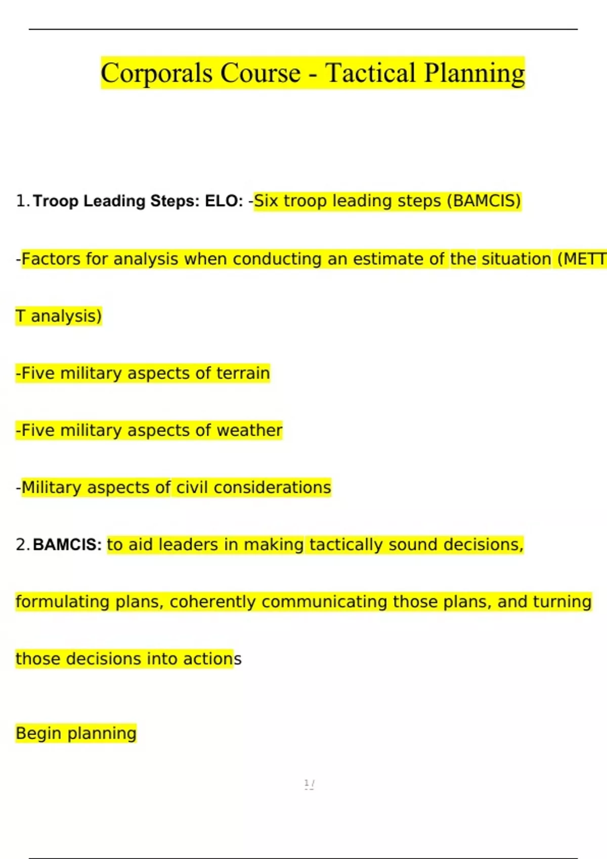 Questions Tactical Corporals Course - Tactical Planning (QUESTIONS WITH 100% CORRECT ...