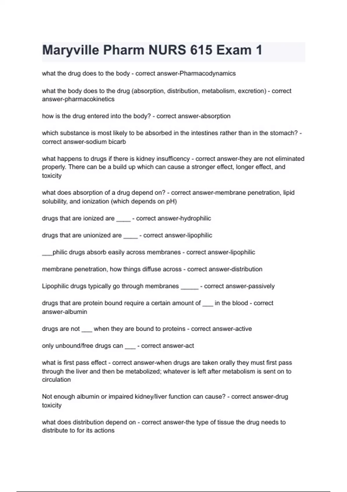 Maryville Pharm NURS 615 Exam 1 (2025/ 2026) Revised Complete Detailed ...