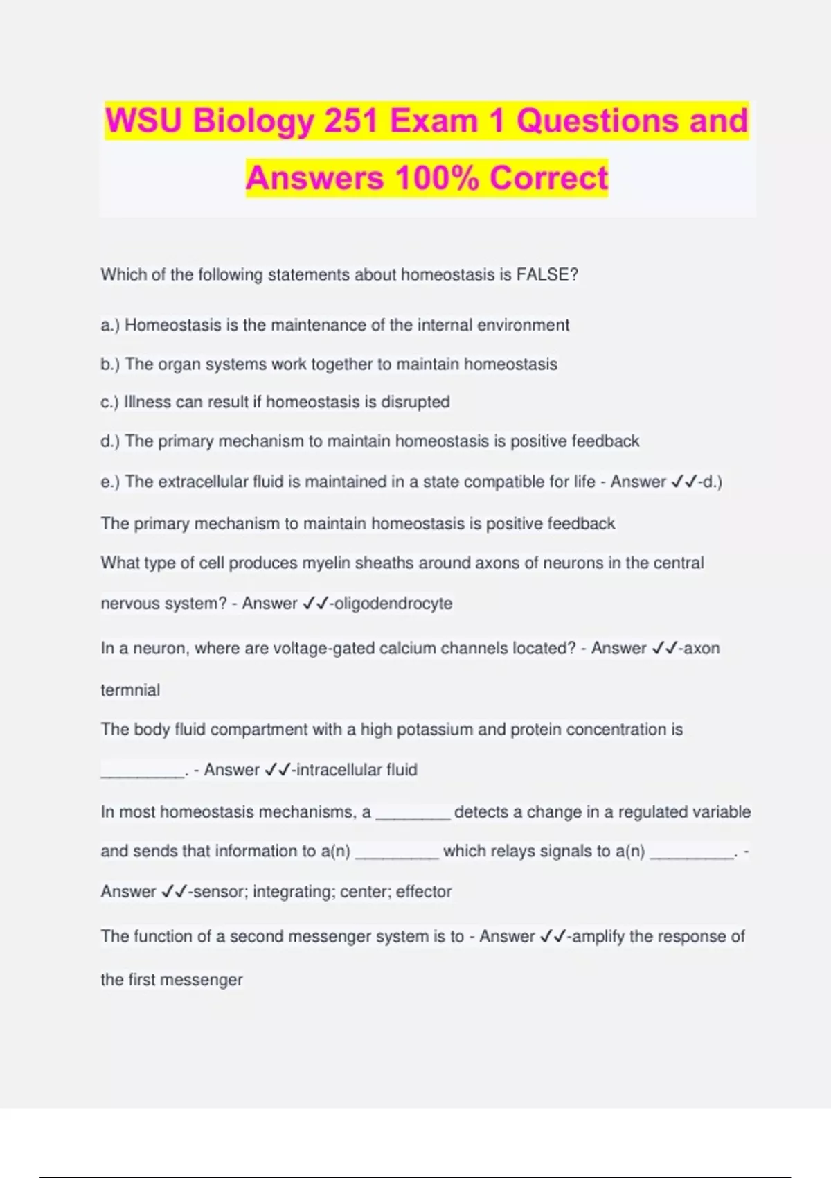 WSU Biology 251 Exam 1 Questions and Answers 100% Correct - WSU bio 251 ...
