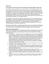 Unit 2 BTEC Applied Law D1 &lpar;Evaluate the role of the judiciary in the formulation and interpretation of legal rules&rpar;