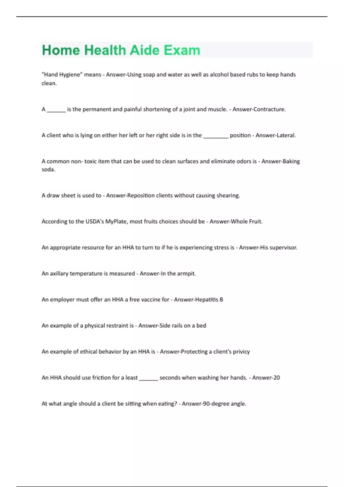 Home Health Aide Exam Questions And Answers Graded A+ Home Health