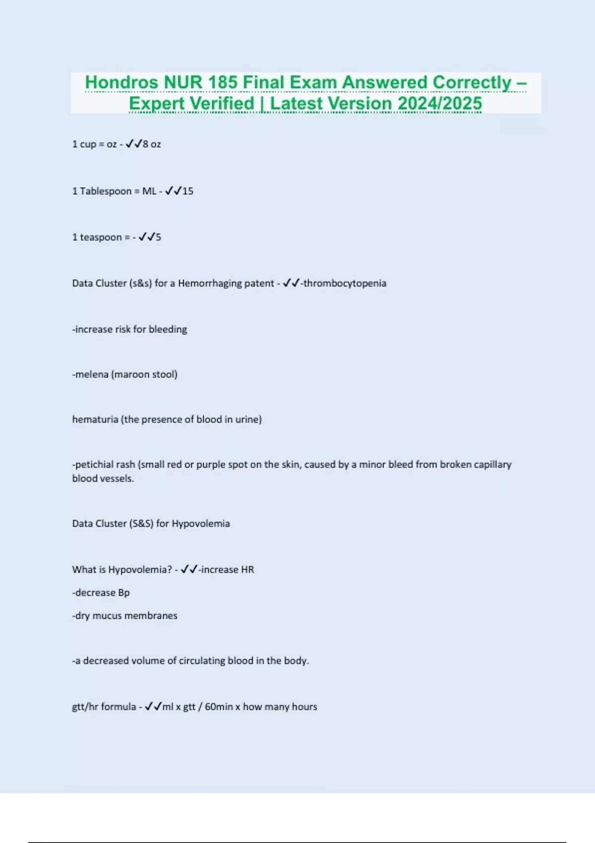Hondros NUR 185 Final Exam Answered Correctly – Expert Verified ...
