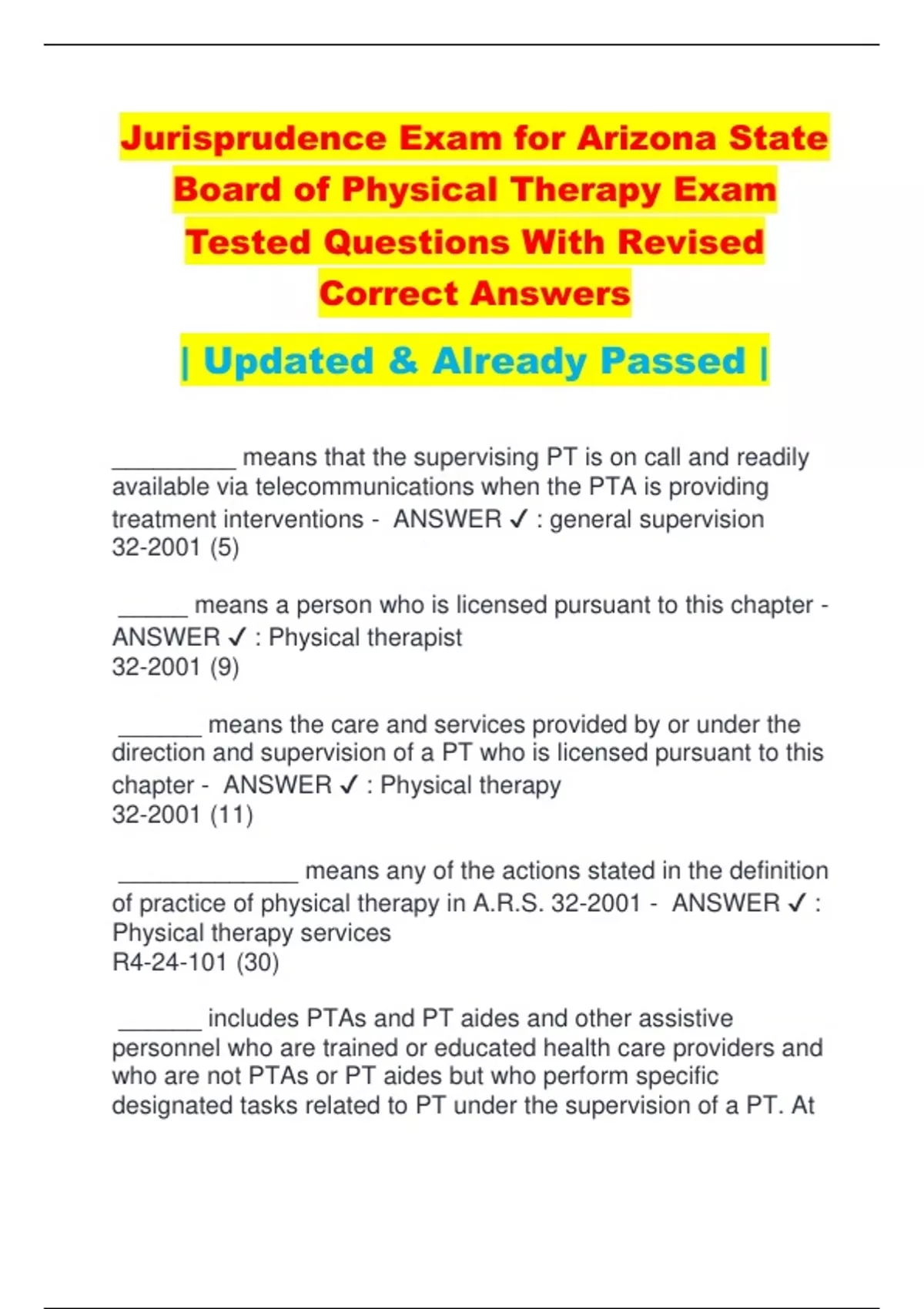 Jurisprudence Exam for Arizona State Board of Physical Therapy Exam Tested Questions With ...