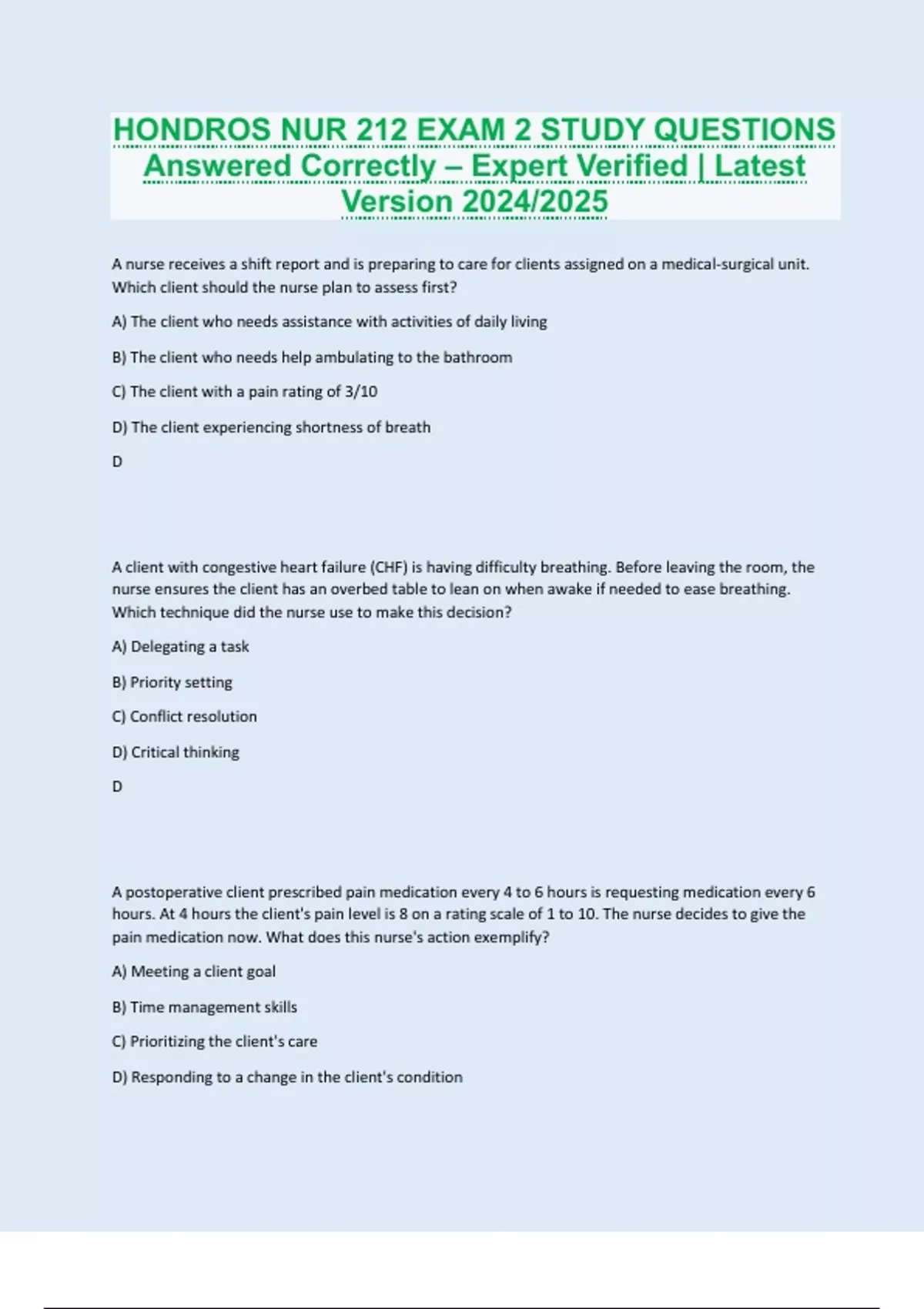 HONDROS NUR 212 EXAM 2 STUDY QUESTIONS Answered Correctly – Expert ...