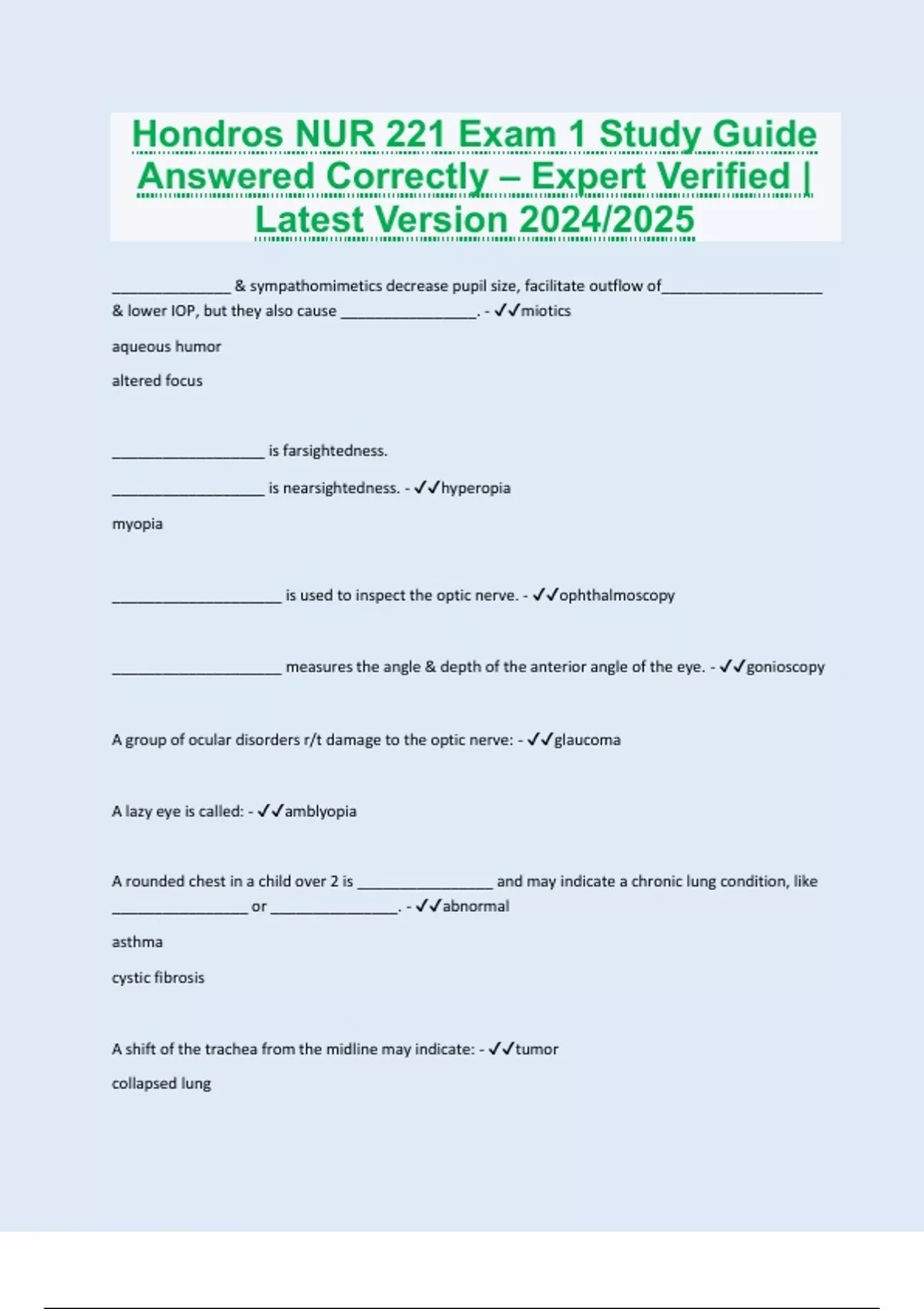 Hondros NUR 221 Exam 1 Study Guide Answered Correctly – Expert Verified ...
