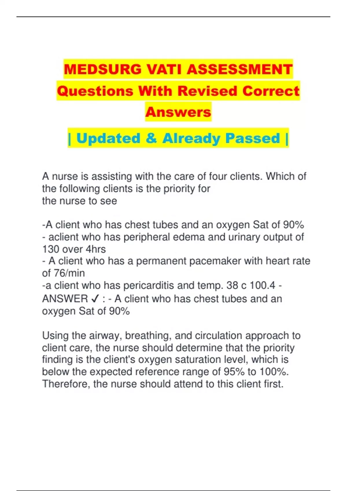 MEDSURG VATI ASSESSMENT Questions With Revised Correct Answers