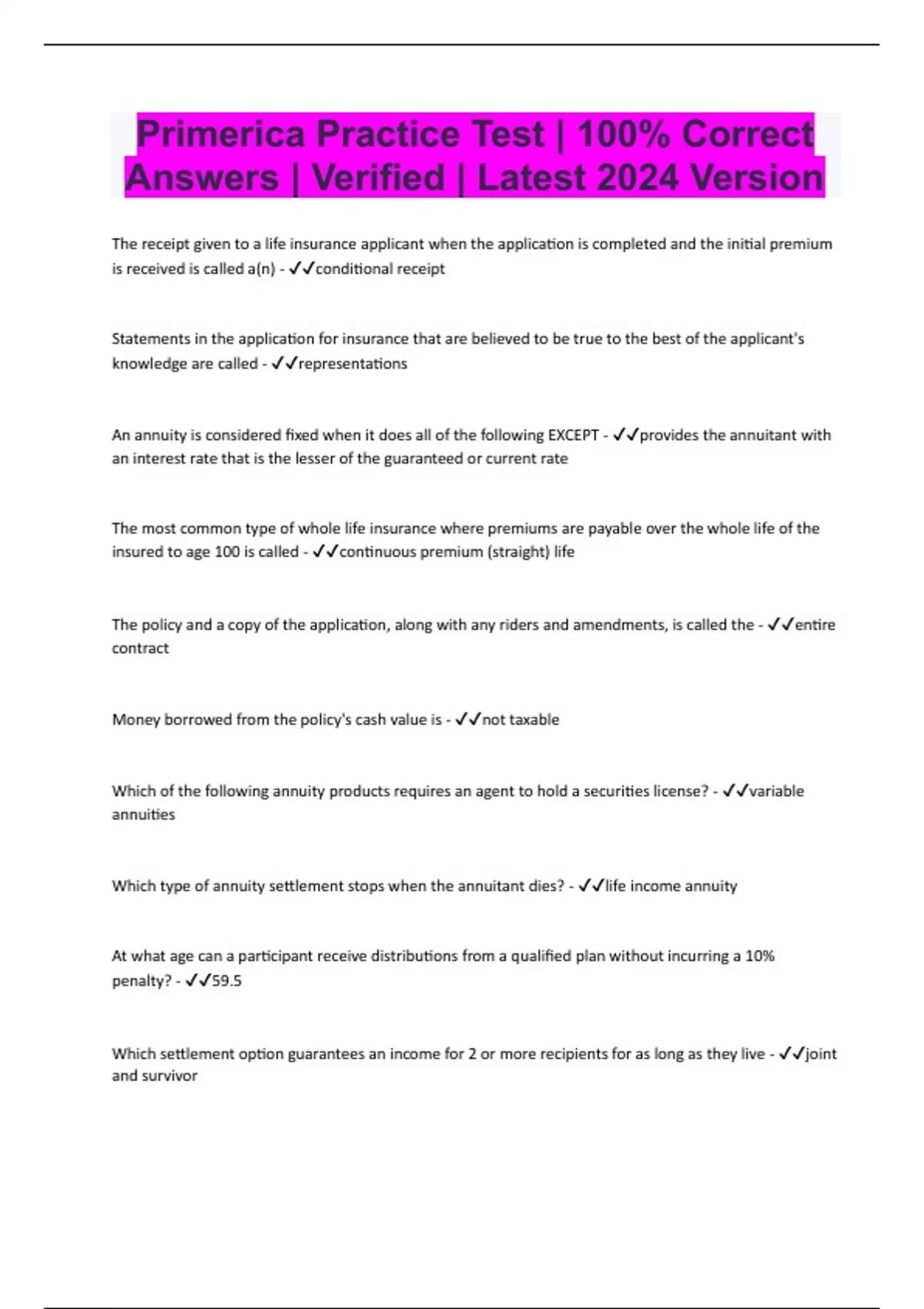 Primerica Practice Test 100 Correct Answers Verified Latest 2024