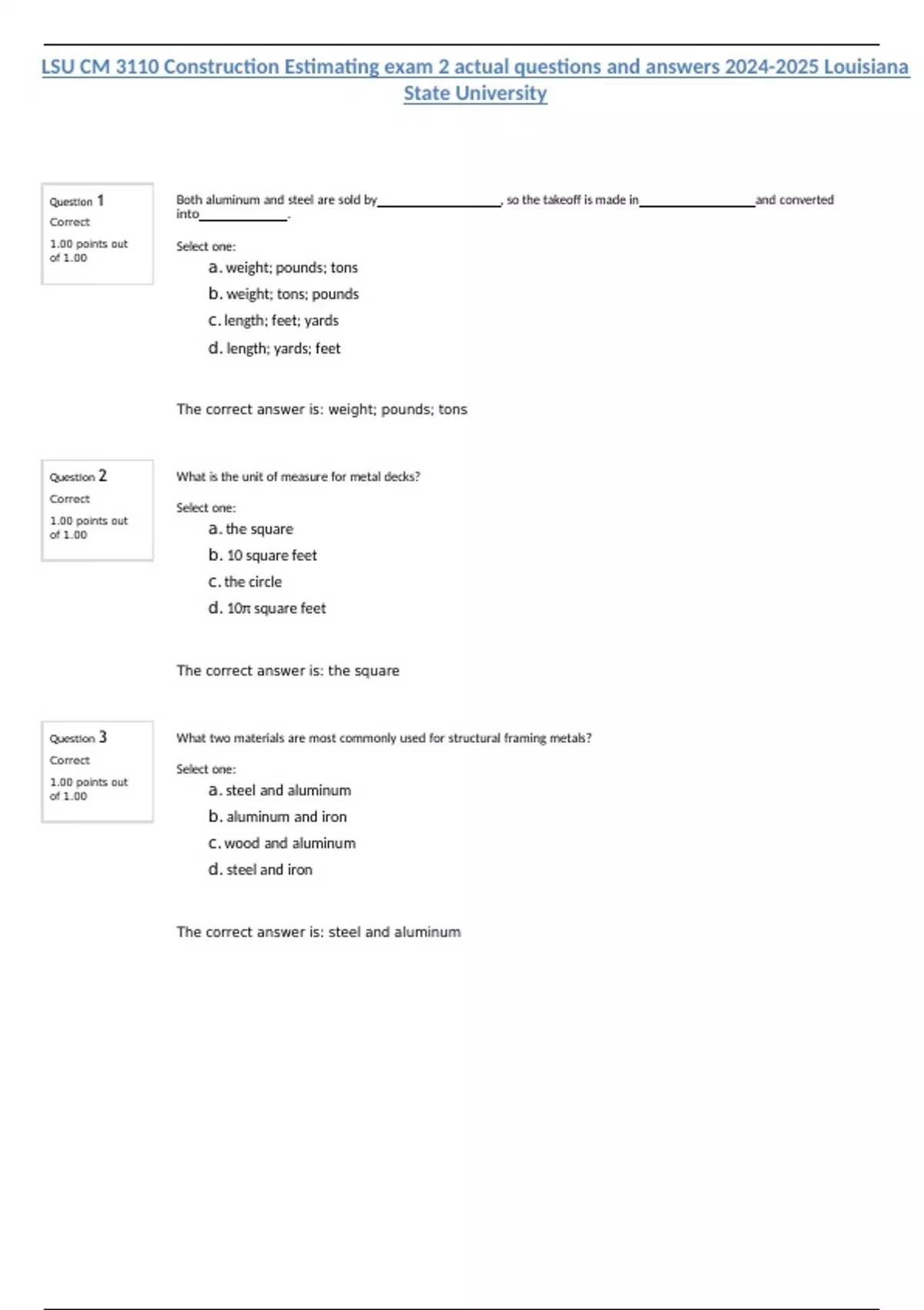 LSU CM 3110 Construction Estimating exam 2 actual questions and answers ...