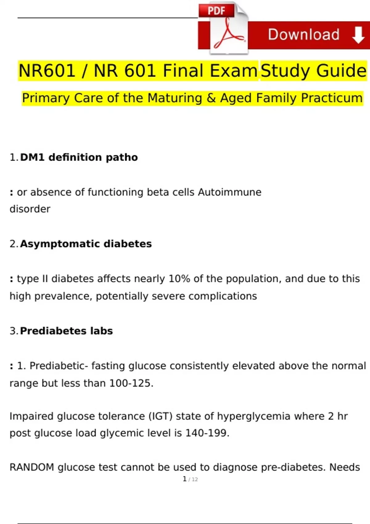 NR 601 Care of the Mature Adults Final Exam Study Guide 2024 Expected ...