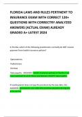 FLORIDA LAWS AND RULES PERTINENT TO INSURANCE EXAM WITH CORRECT 120&plus; QUESTIONS WITH CORRECTRY ANALYZED ANSWERS &lpar;ACTUAL EXAM&rpar; ALREADY GRADED A&plus; LATEST 2024 