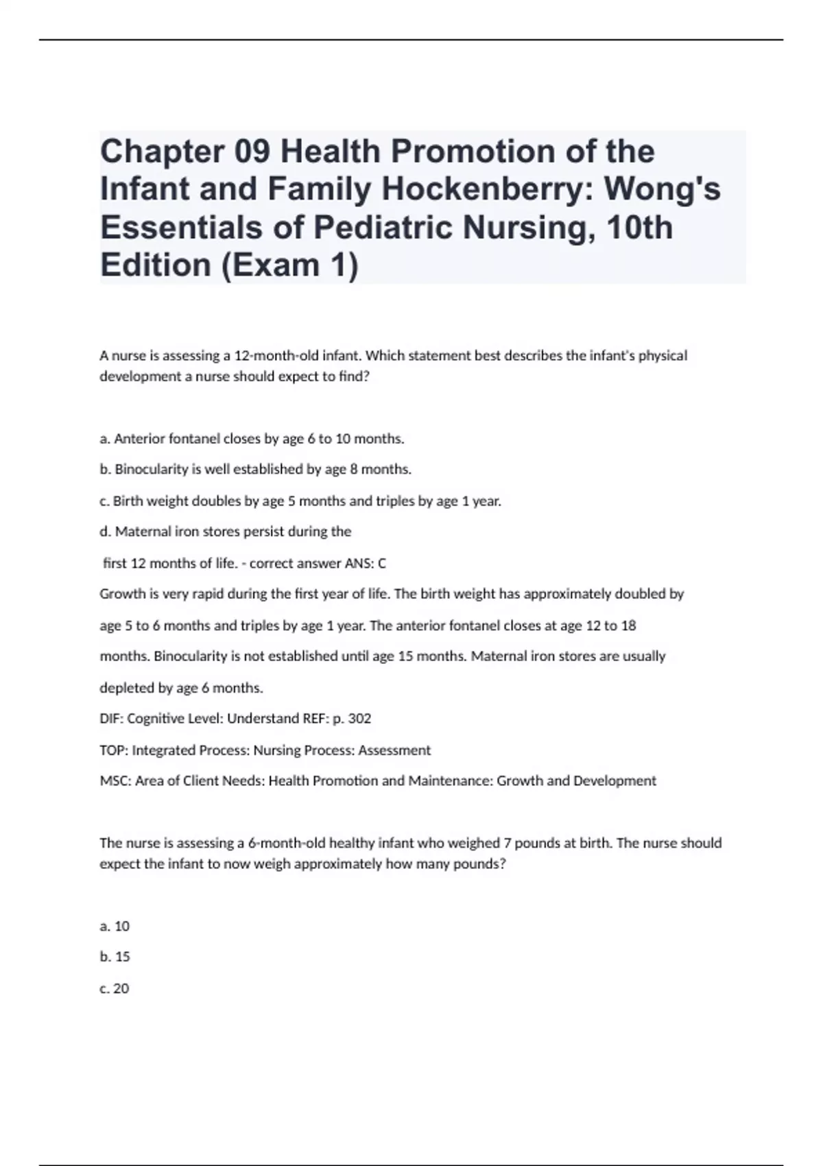 Chapter 09: Health Promotion of the Infant and Family Hockenberry: Wong