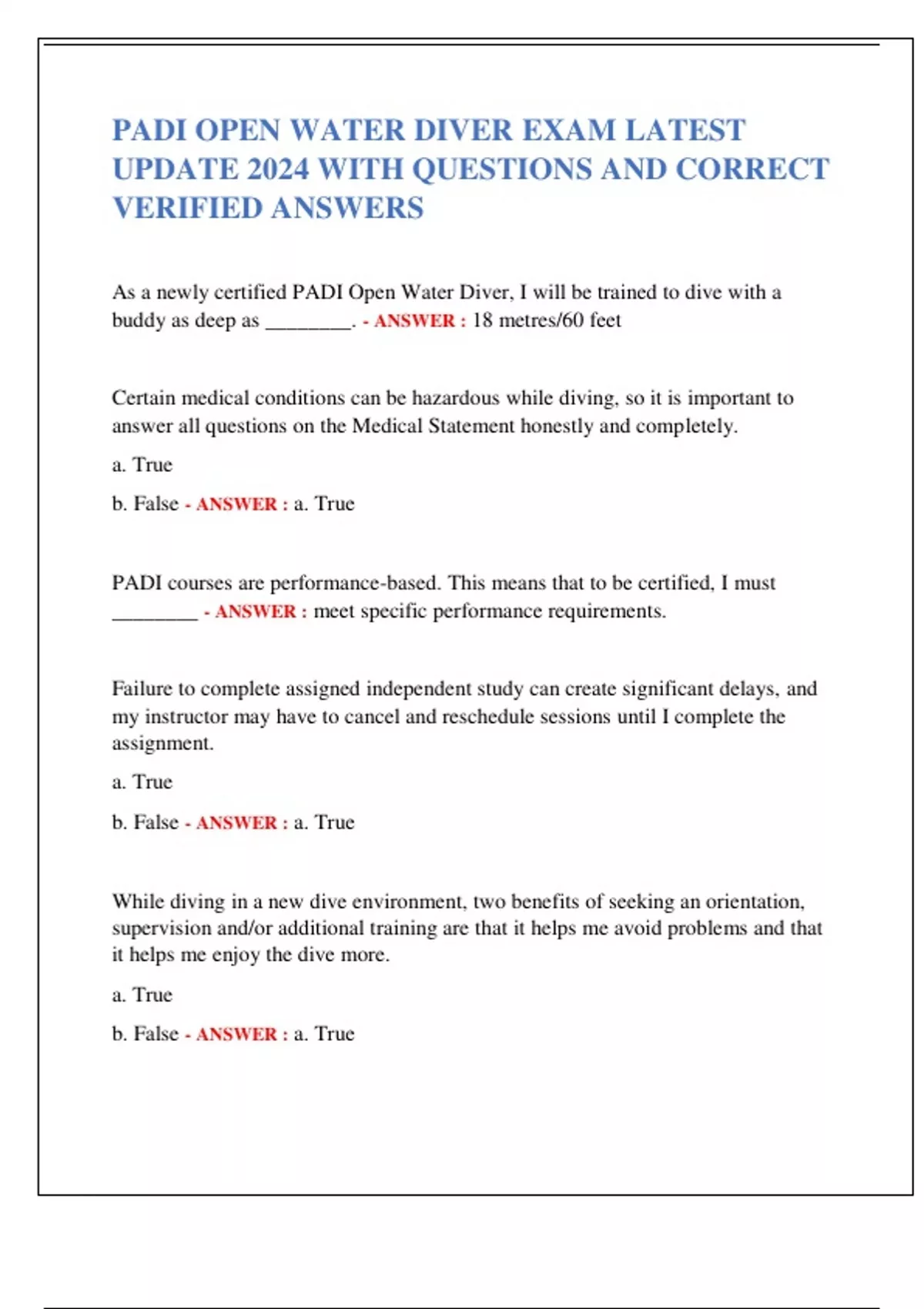 PADI OPEN WATER DIVER EXAM LATEST UPDATE 2024 WITH QUESTIONS AND
