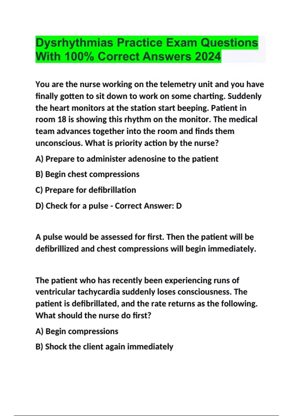 Dysrhythmias Practice Exam Questions With 100% Correct Answers 2024 ...