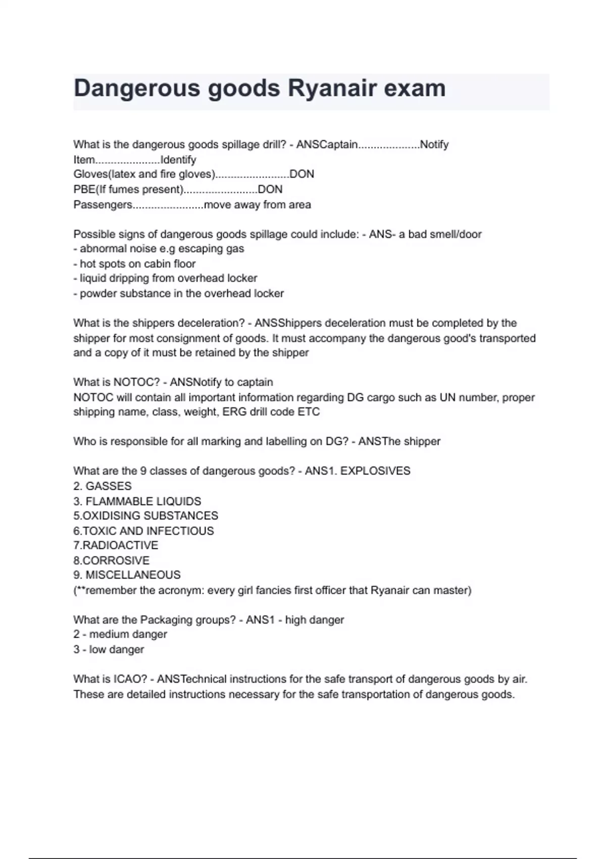 Dangerous goods Ryanair exam questions and answers graded A+ by experts