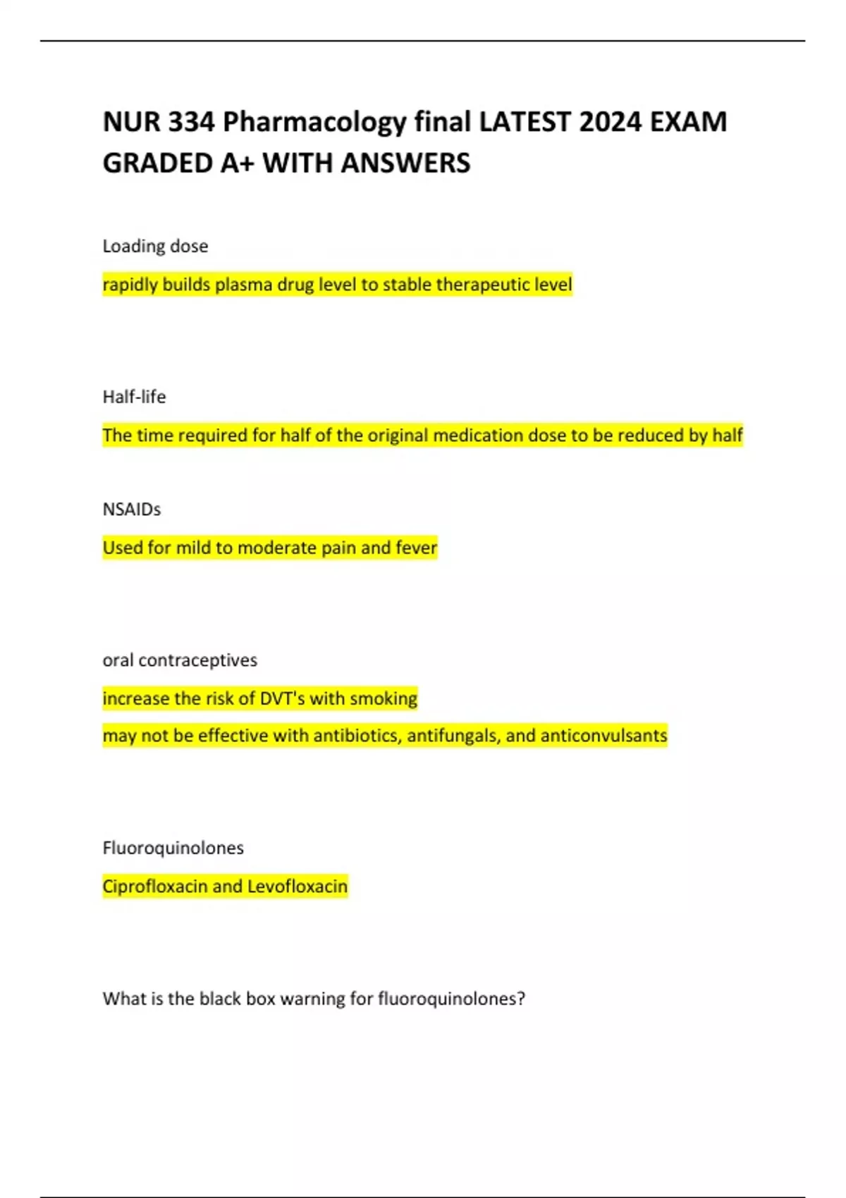 NUR 334 Pharmacology final LATEST 2024 EXAM GRADED A+ WITH ANSWERS ...