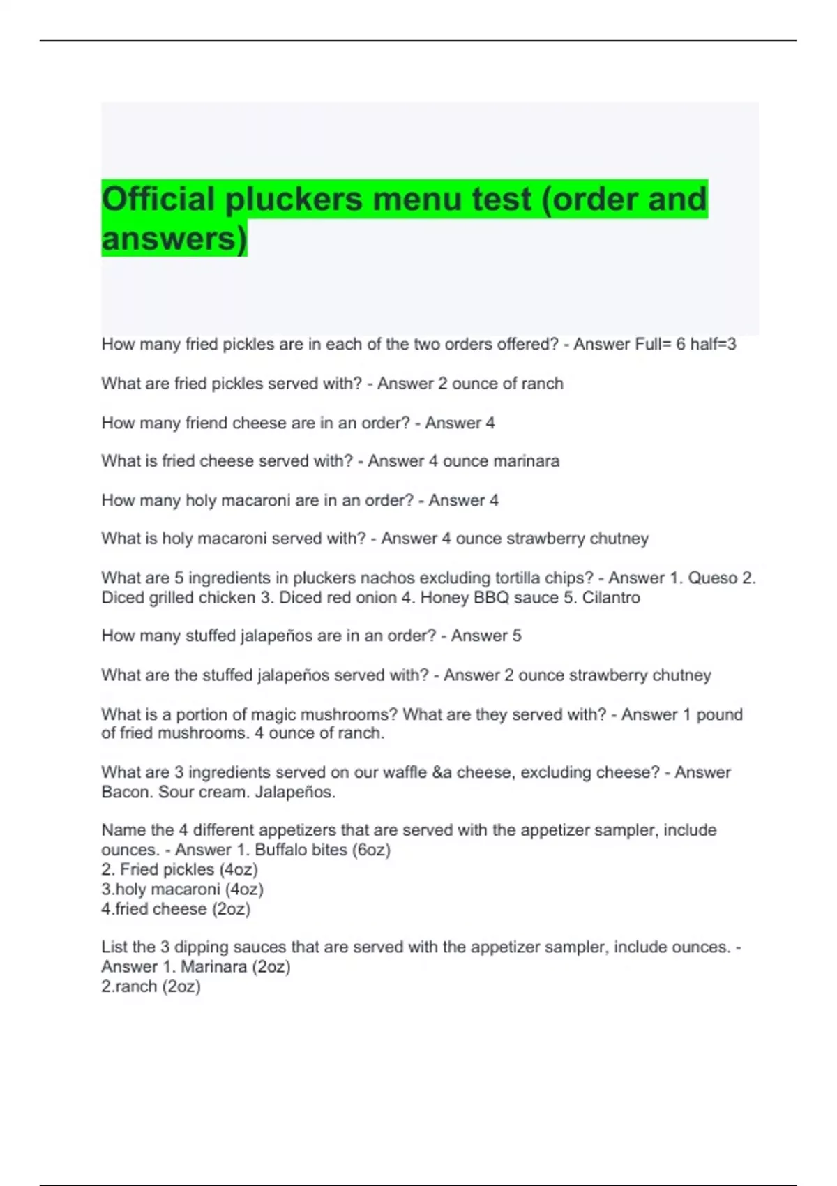 Official pluckers menu test (order and answers) - Pluckers menu - Stuvia US