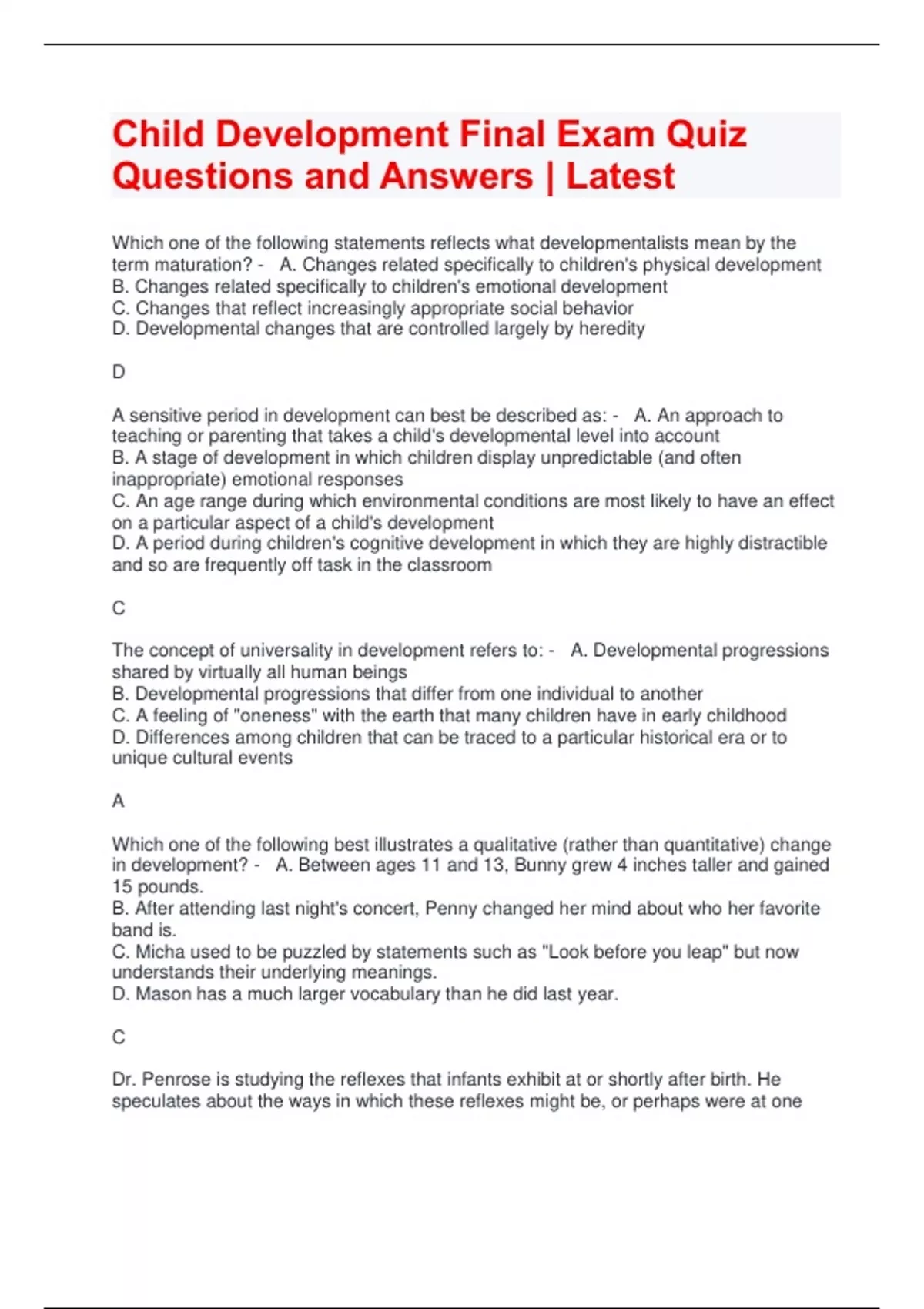 Child Development Final Exam Quiz Questions and Answers | Latest ...