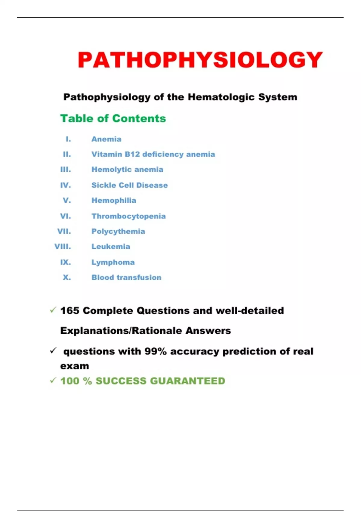 Pathophysiology of the Hematologic System Questions and Verified ...