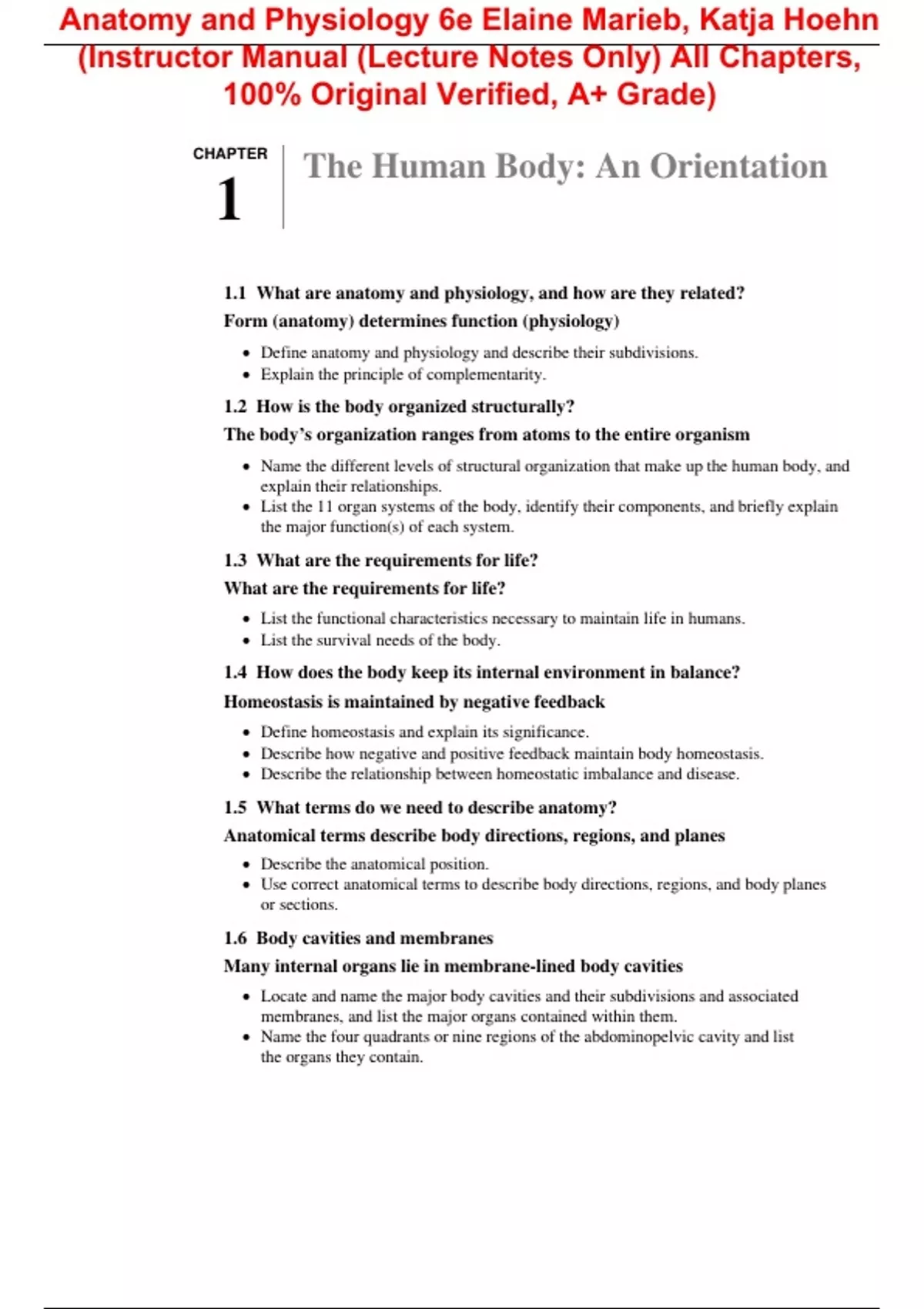 Instructor Manual (Lecture Notes Only) for Anatomy and Physiology 6th ...