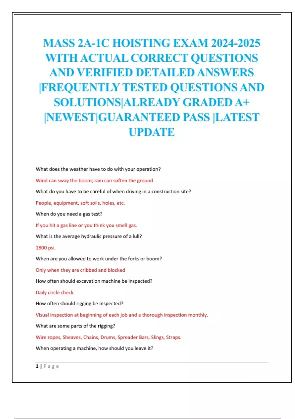 MASS 2A1C HOISTING EXAM WITH ACTUAL CORRECT QUESTIONS AND VERIFIED DETAILED ANSWERS FREQUENTLY