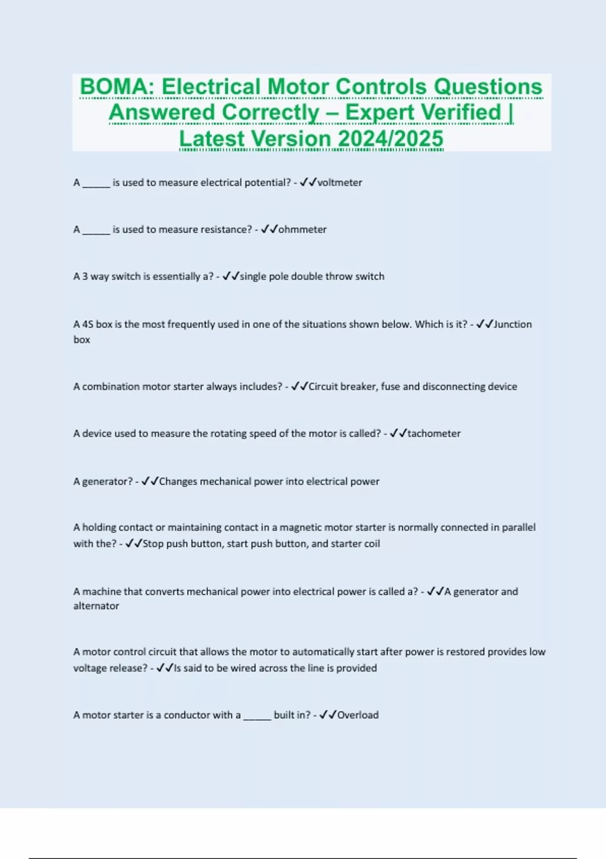 BOMA Electrical Motor Controls Questions Answered Correctly Expert