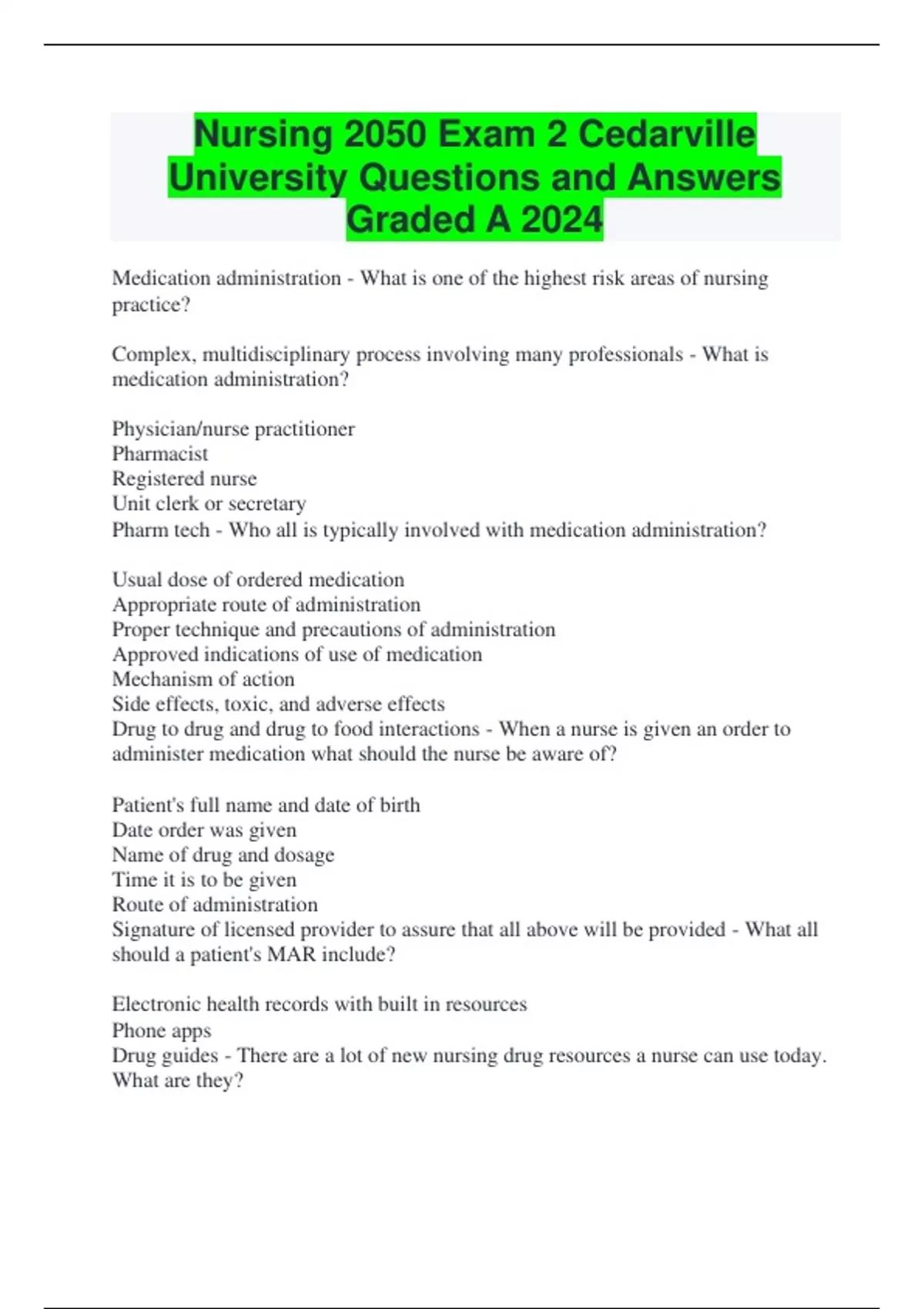 Cedarville University Nursing 2050 Final Exam Questions and Answers ...