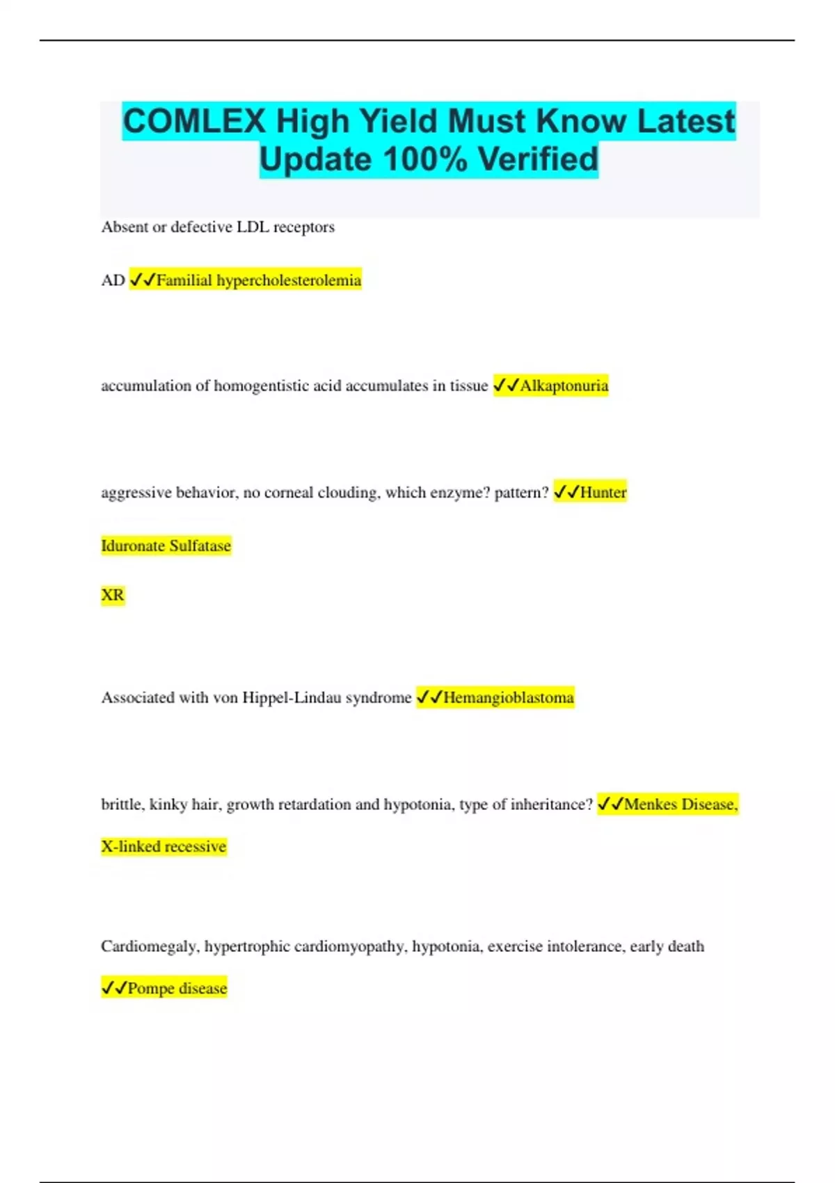 COMLEX High Yield Must Know Latest Update 100 Verified COMLEX High
