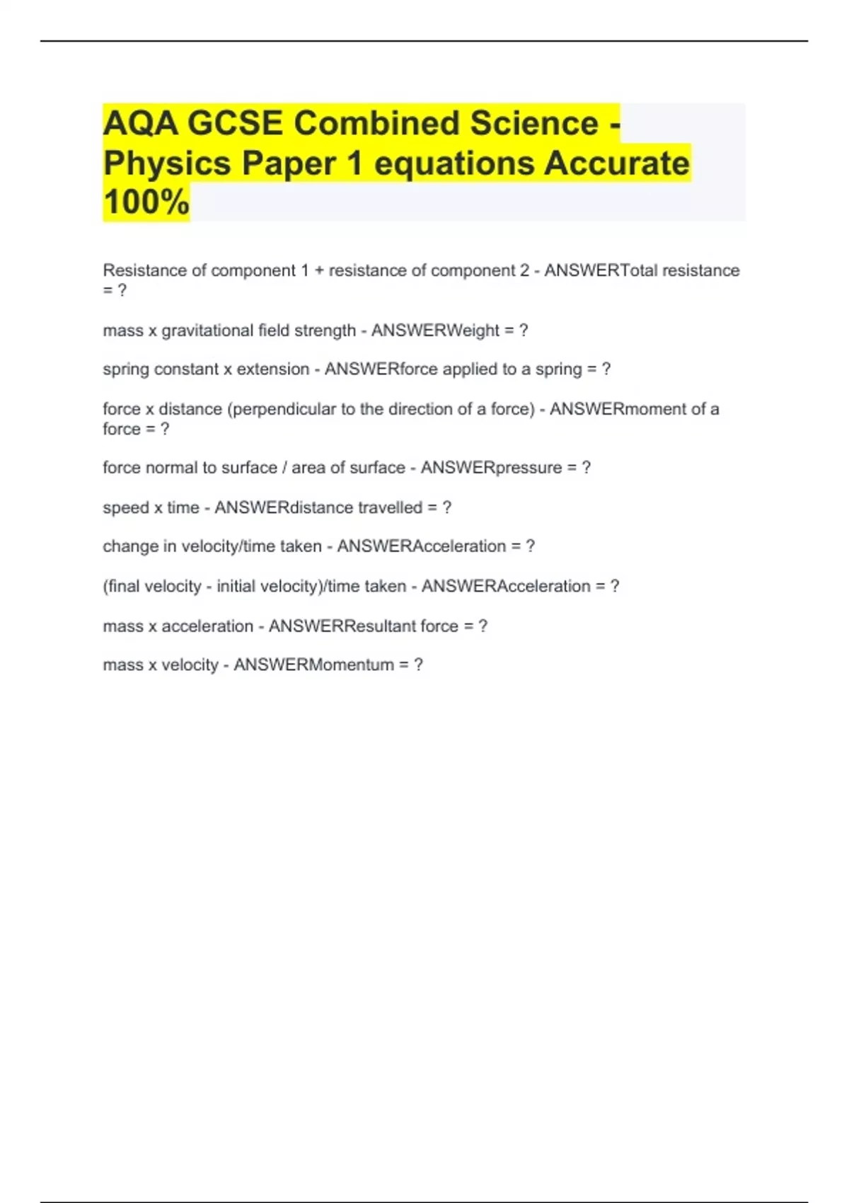 AQA GCSE Combined Science - Physics Paper 1 equations Accurate 100% ...