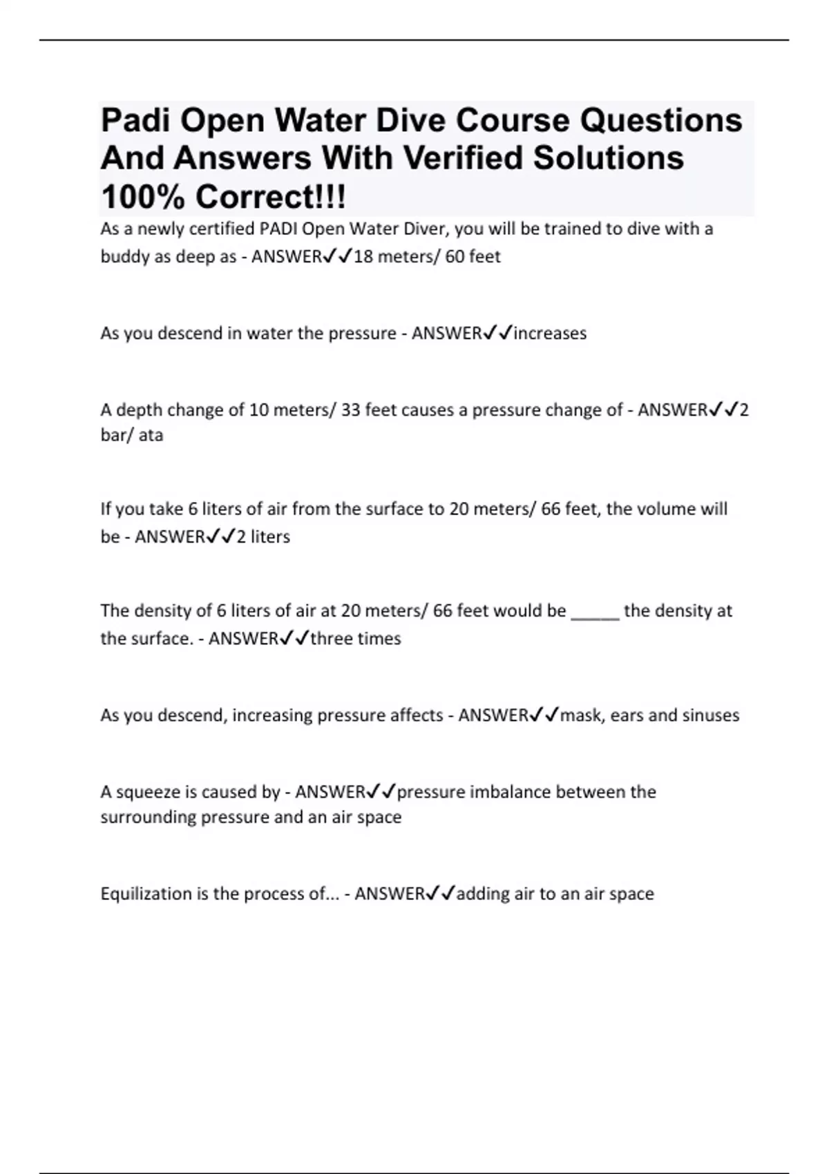 Padi Open Water Dive Course Questions And Answers With Verified