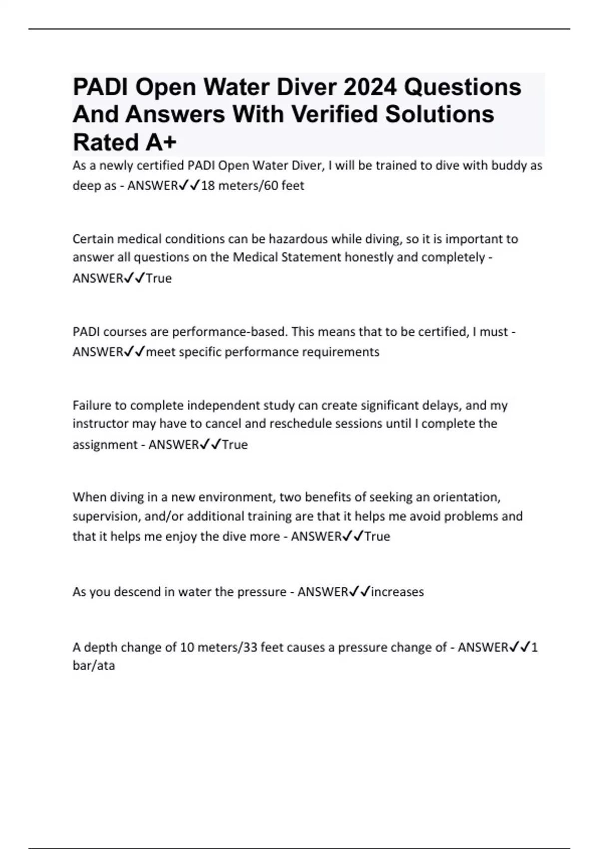 PADI Open Water Diver 2024 Questions And Answers With Verified