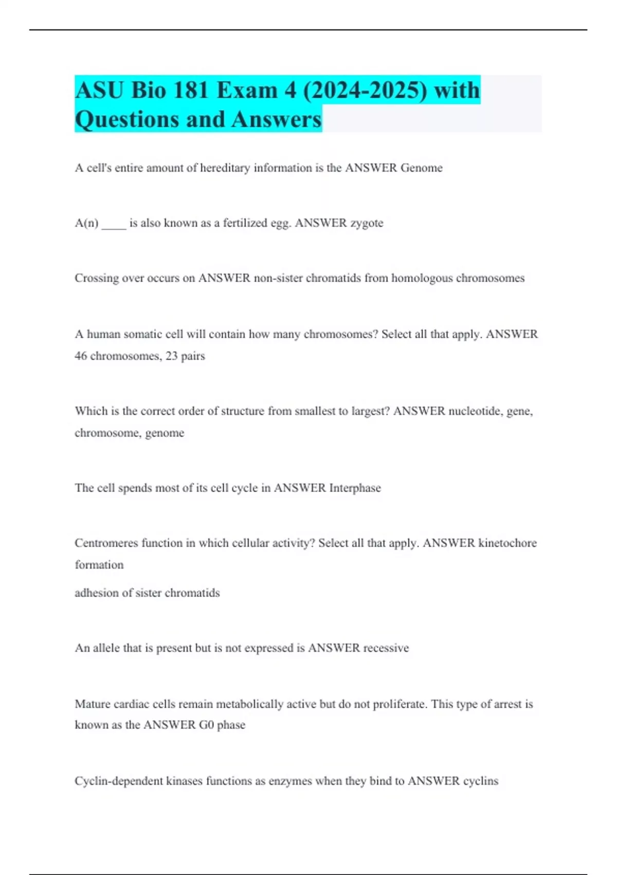 ASU Bio 181 Exam 4 () with Questions and Answers - ASU Bio 181 - Stuvia US
