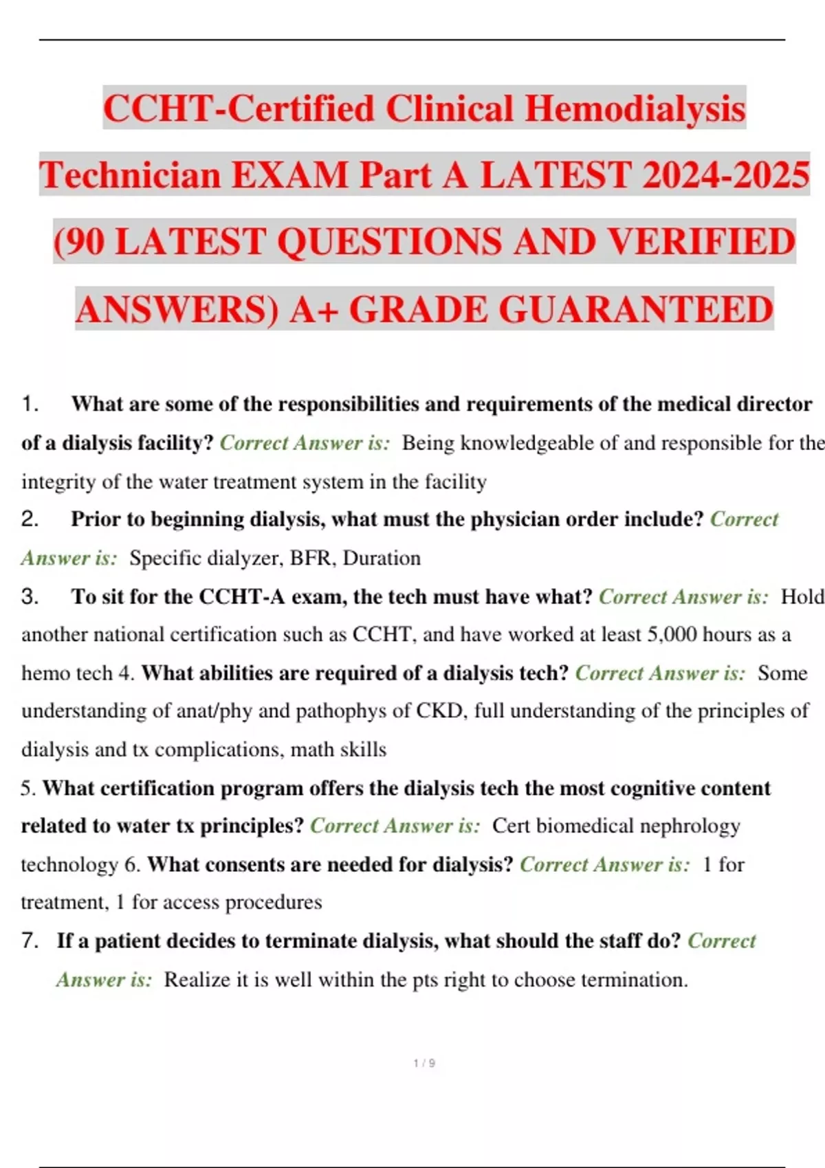 CCHTCertified Clinical Hemodialysis Technician EXAM Part A LATEST (90