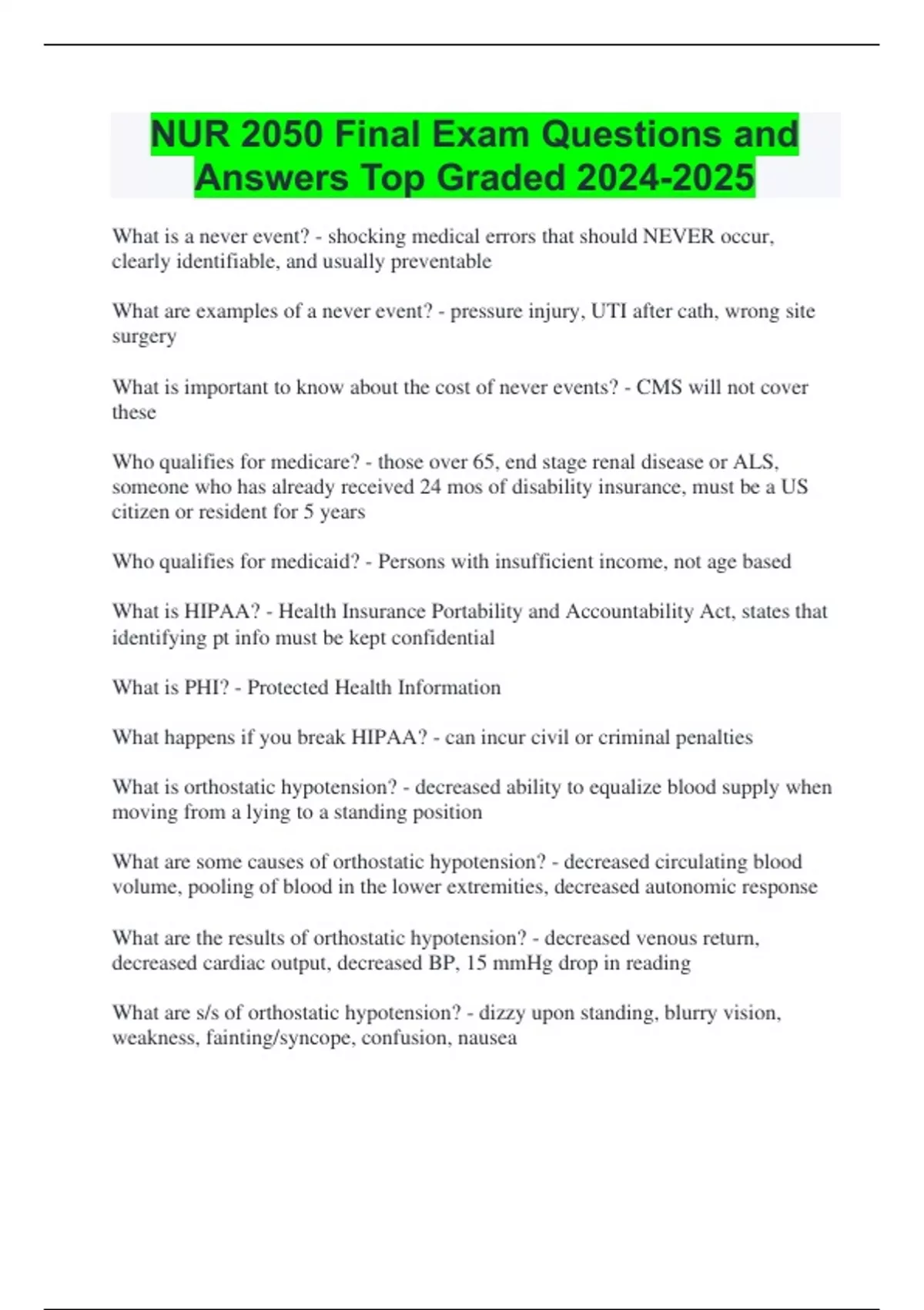 NUR 2050 Final Exam Questions and Answers Top Graded - NUR 2050 - Stuvia US