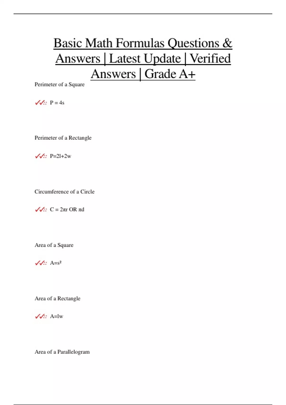 Basic Math Formulas Questions & Answers | Latest Update | Verified ...