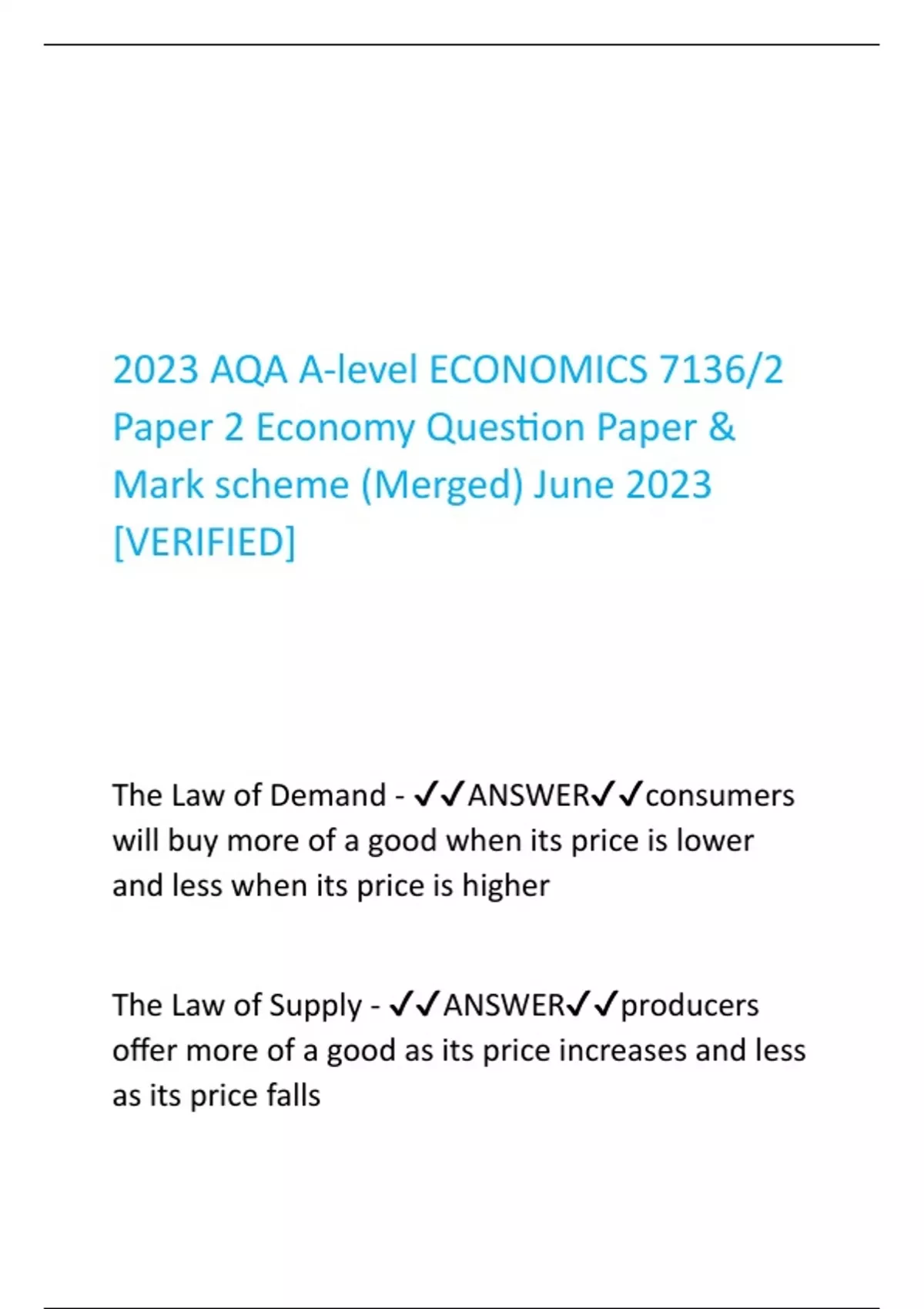 2023 AQA A-level ECONOMICS 7136/2 Paper 2 Economy Question Paper & Mark ...