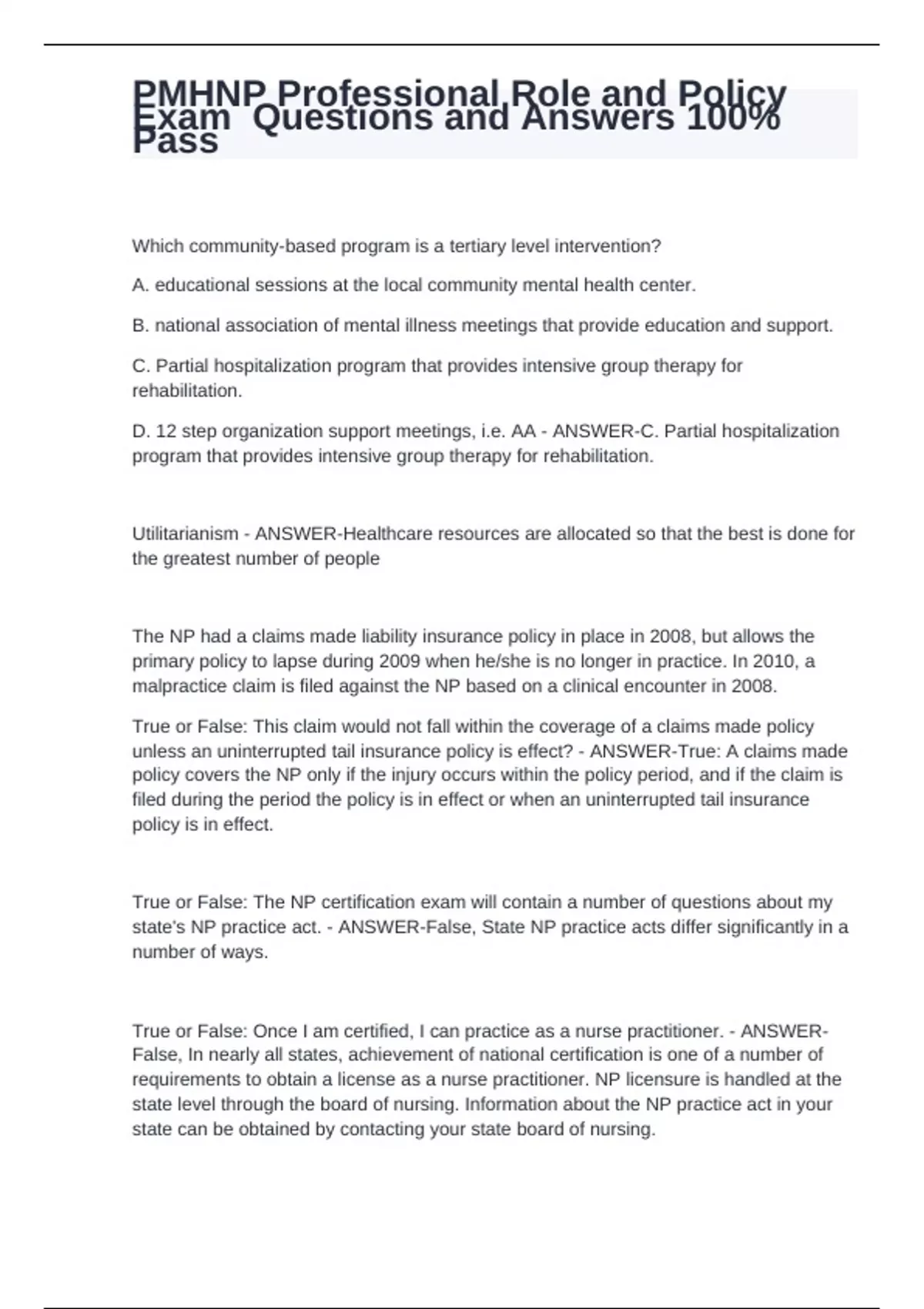 PMHNP Professional Role and Policy Exam Questions and Answers 100% Pass ...