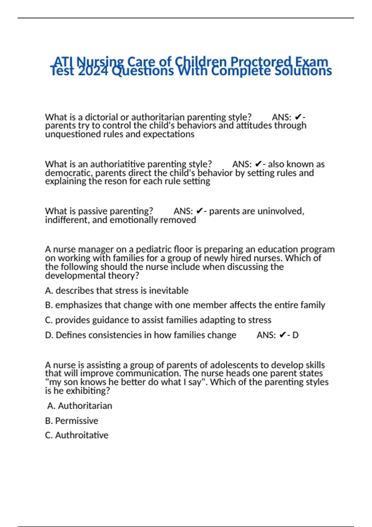 ATI Nursing Care of Children Proctored Exam Test 2024 Questions With ...